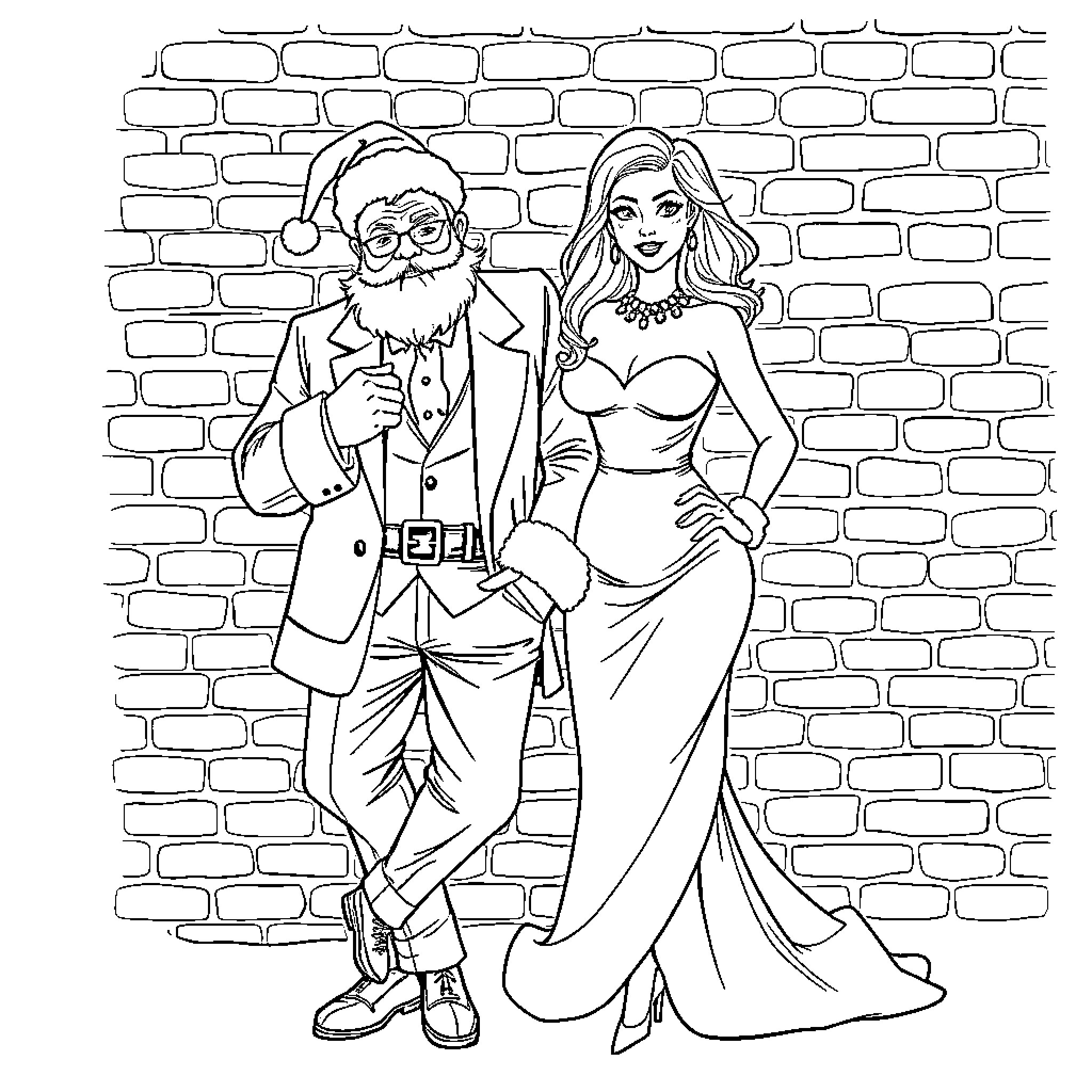 Santa and Glamorous Companion in Festive Attire Coloring Page (free black-and-white line drawing printable PDF for all, from beginners to advanced learners, including children, teens, adults, and seniors)
