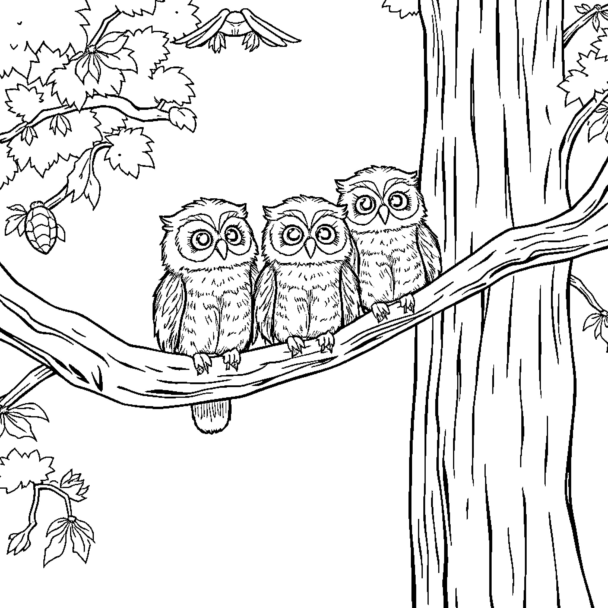 Owl trio perched on branch in forest Coloring Page (free black-and-white line drawing printable PDF for all, from beginners to advanced learners, including children, teens, adults, and seniors)