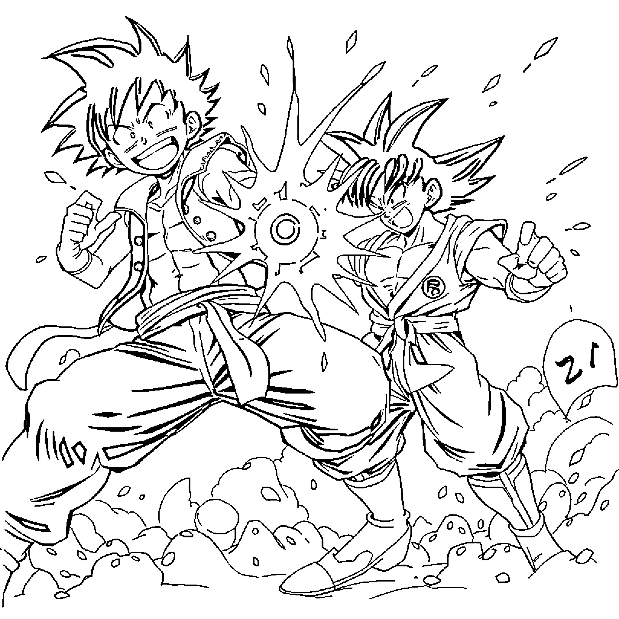 Luffy's Energetic Anime Adventure Coloring Page (free black-and-white line drawing printable PDF for all, from beginners to advanced learners, including children, teens, adults, and seniors)