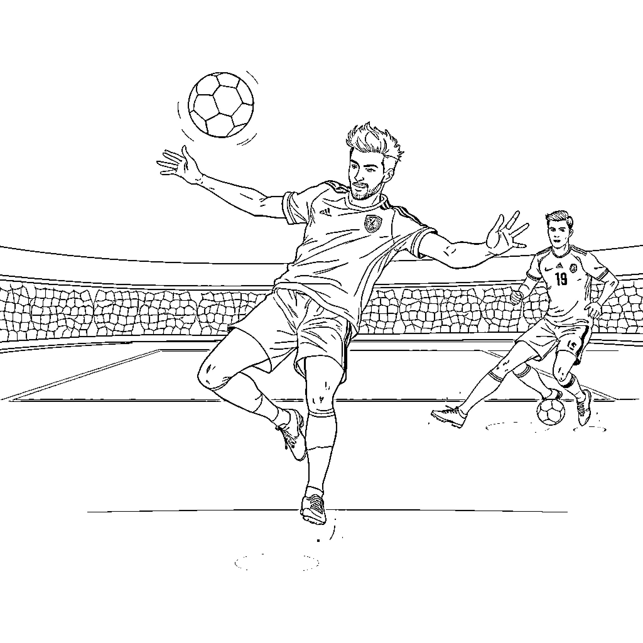 Musiala playing soccer on the field Coloring Page (free black-and-white line drawing printable PDF for all, from beginners to advanced learners, including children, teens, adults, and seniors)