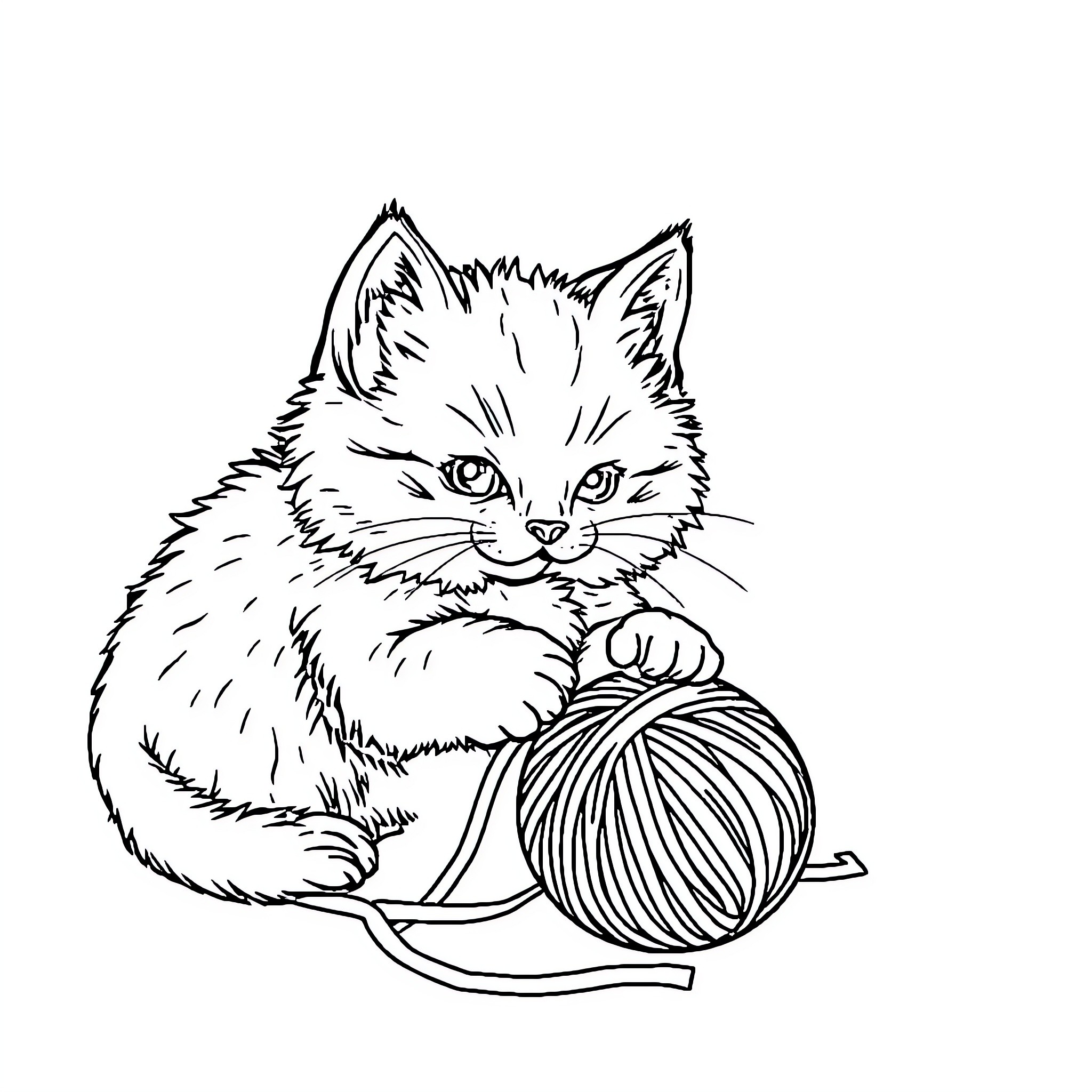 Kitten playing with yarn ball Coloring Page (free black-and-white line drawing printable PDF for all, from beginners to advanced learners, including children, teens, adults, and seniors)