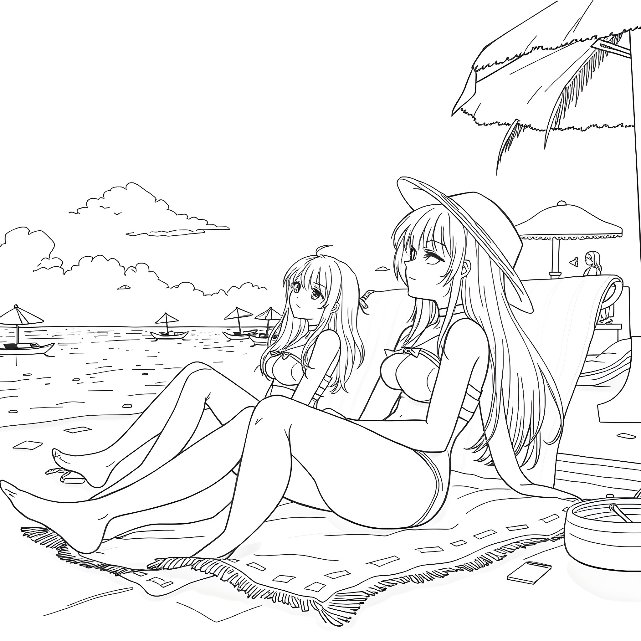 Girls enjoying a sunny day at the beach Coloring Page (free black-and-white line drawing printable PDF for all, from beginners to advanced learners, including children, teens, adults, and seniors)