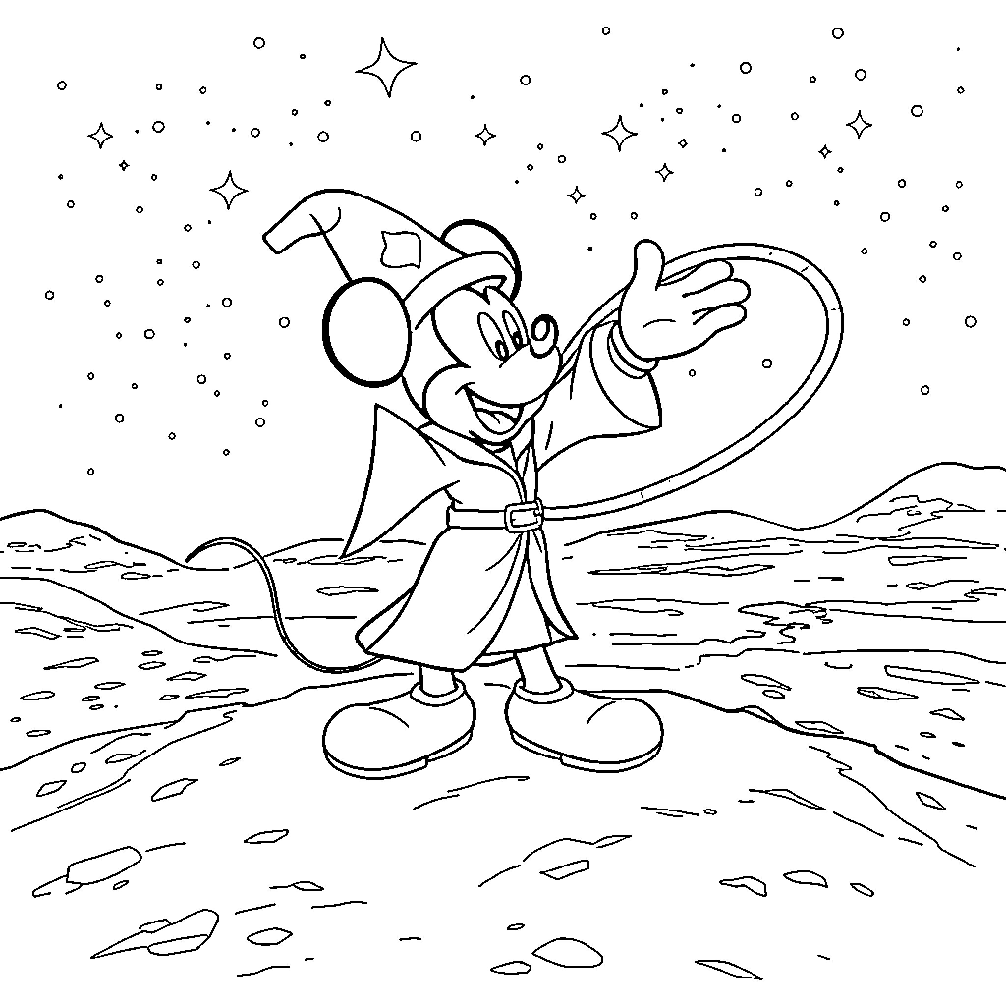 Mickey Mouse waving under the starry night Coloring Page (free black-and-white line drawing printable PDF for all, from beginners to advanced learners, including children, teens, adults, and seniors)