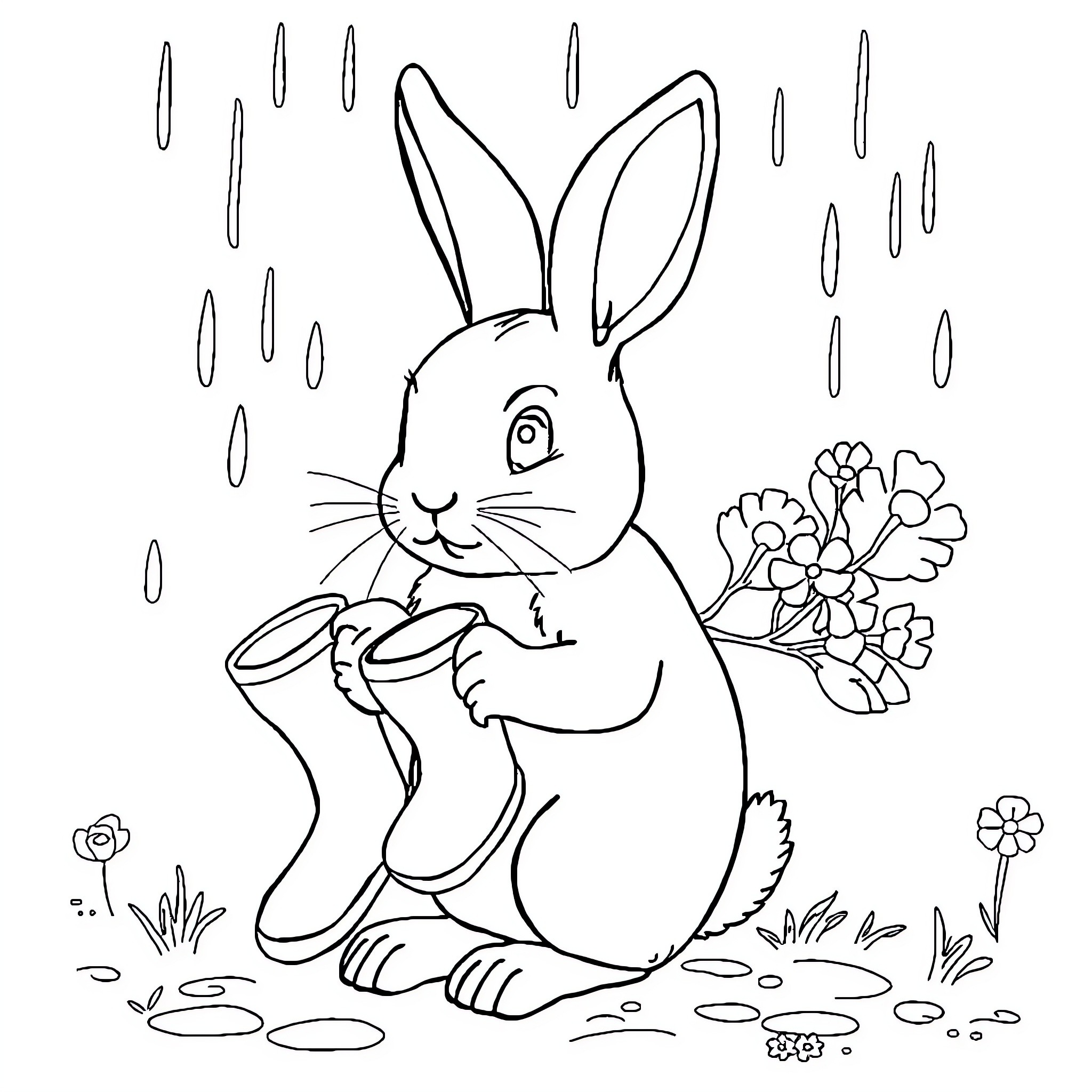 Lapin holding flowers in the rain Coloring Page (free black-and-white line drawing printable PDF for all, from beginners to advanced learners, including children, teens, adults, and seniors)