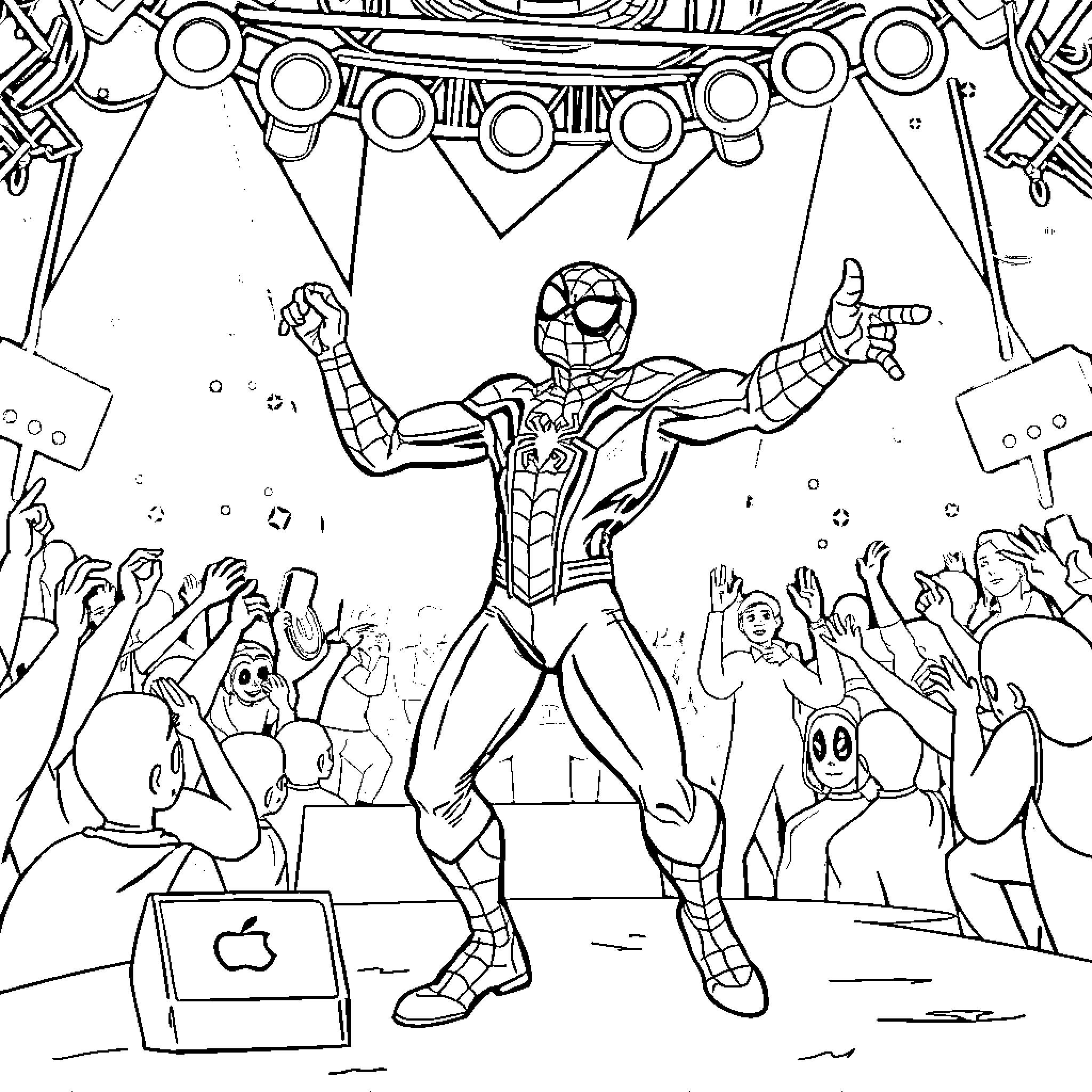 Spiderman performing in a grand stage show Coloring Page (free black-and-white line drawing printable PDF for all, from beginners to advanced learners, including children, teens, adults, and seniors)