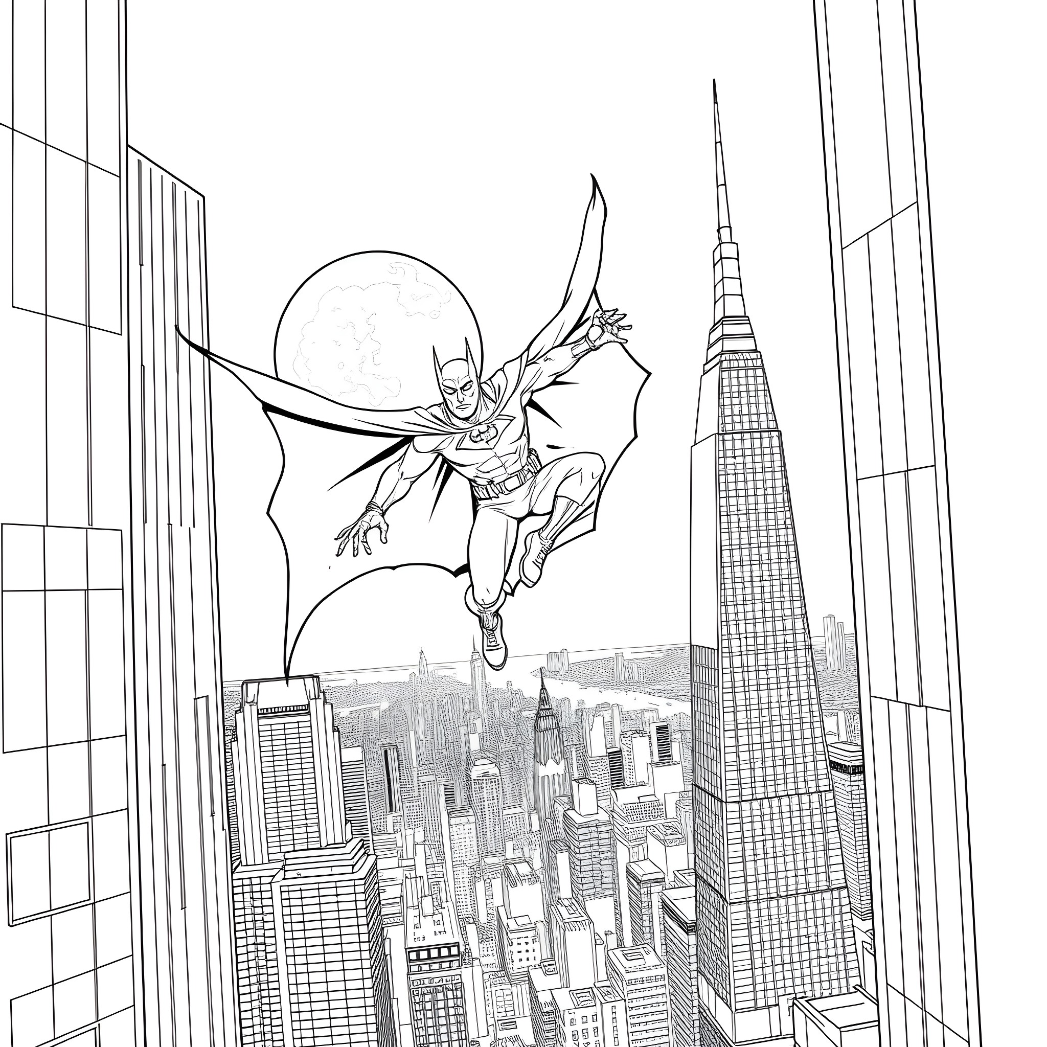 Batman soaring over Gotham City's skyline Coloring Page (free black-and-white line drawing printable PDF for all, from beginners to advanced learners, including children, teens, adults, and seniors)
