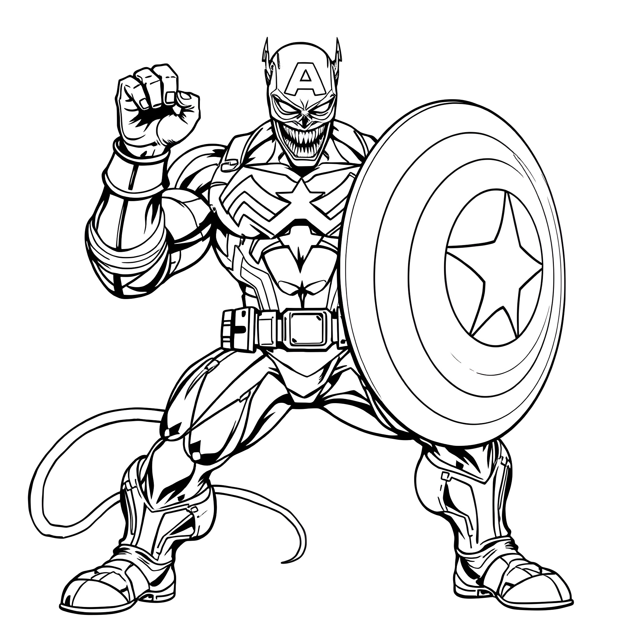 Captain Venom in Action: A Fearsome Superhero Coloring Page (free black-and-white line drawing printable PDF for all, from beginners to advanced learners, including children, teens, adults, and seniors)