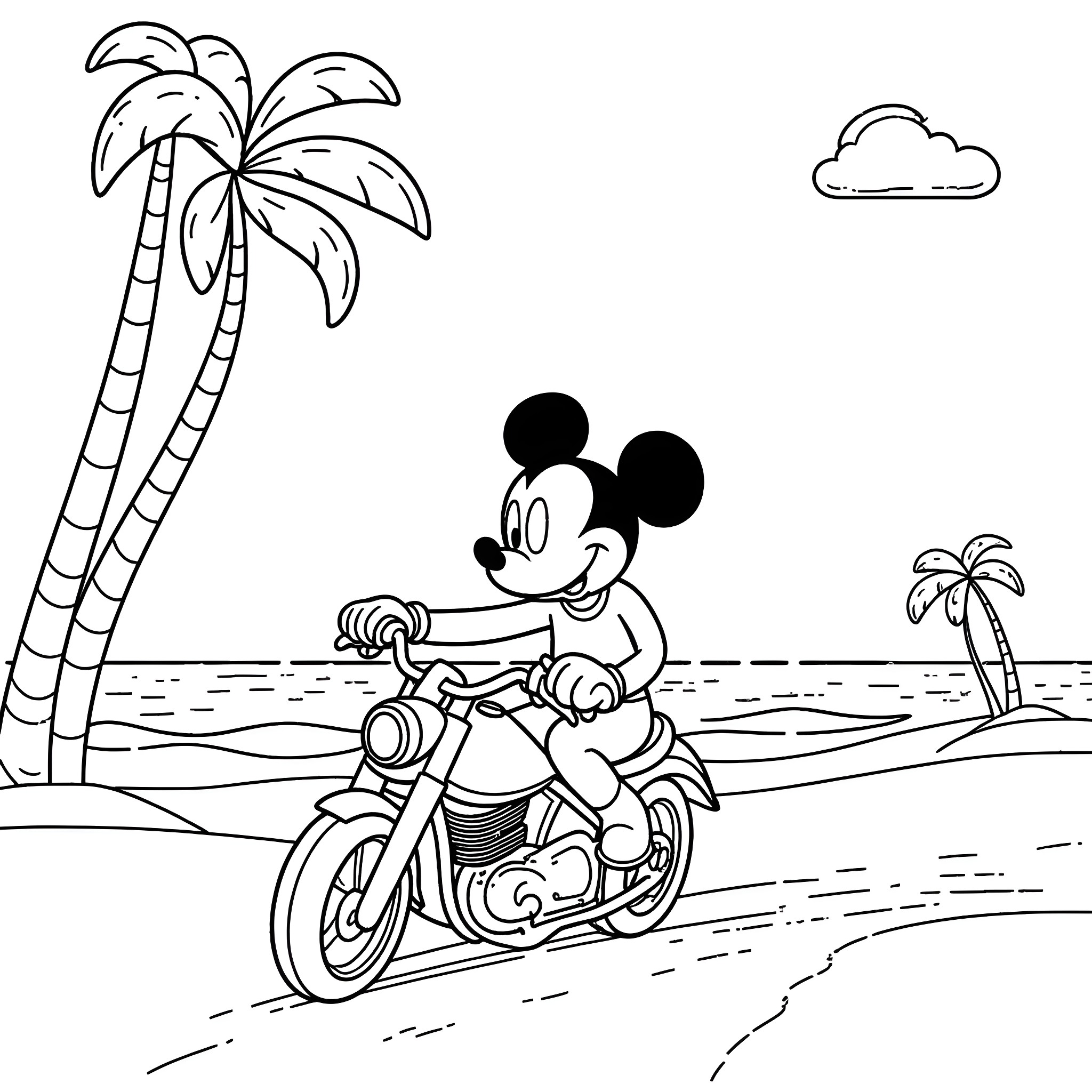 Mickey Mouse riding a motorcycle on the beach Coloring Page (free black-and-white line drawing printable PDF for all, from beginners to advanced learners, including children, teens, adults, and seniors)