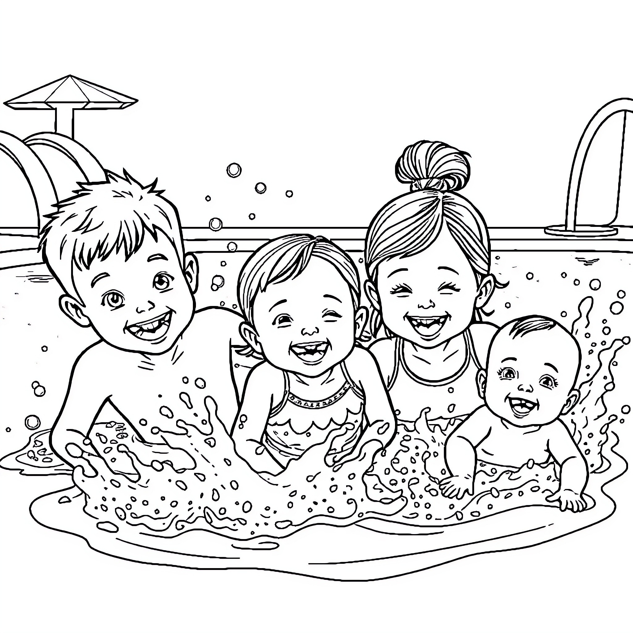 Children playing happily in the pool Coloring Page (free black-and-white line drawing printable PDF for all, from beginners to advanced learners, including children, teens, adults, and seniors)