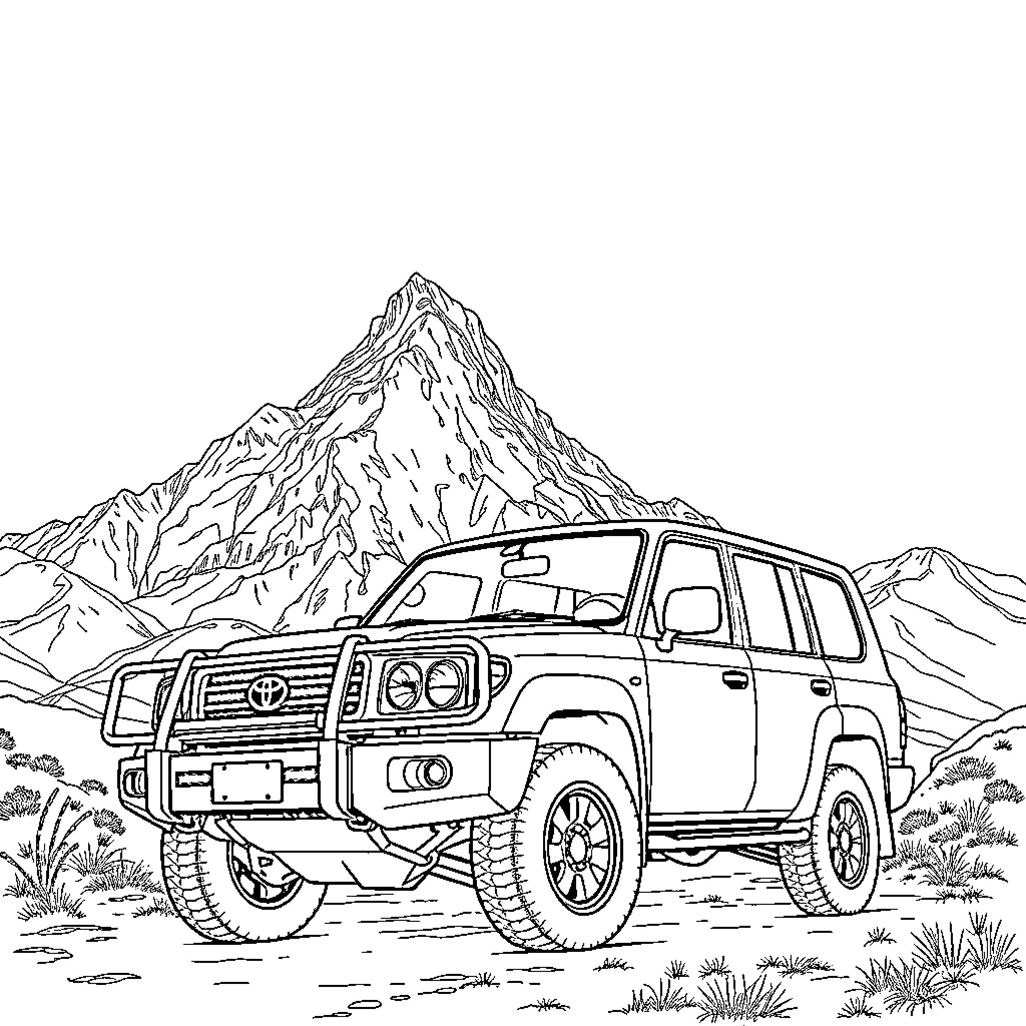 Toyota Land Cruiser navigating rugged mountain terrain Coloring Page (free black-and-white line drawing printable PDF for all, from beginners to advanced learners, including children, teens, adults, and seniors)