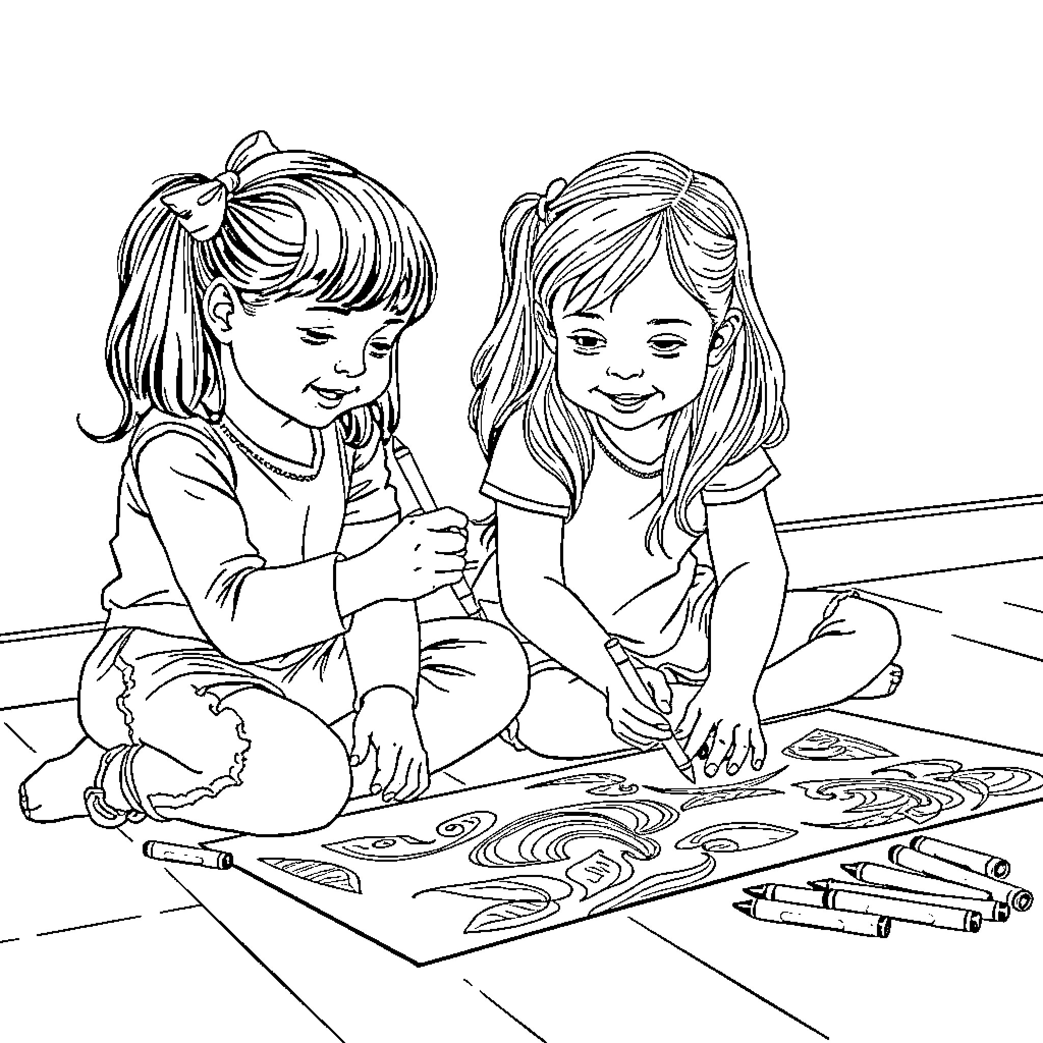 Girls coloring and drawing together happily Coloring Page (free black-and-white line drawing printable PDF for all, from beginners to advanced learners, including children, teens, adults, and seniors)