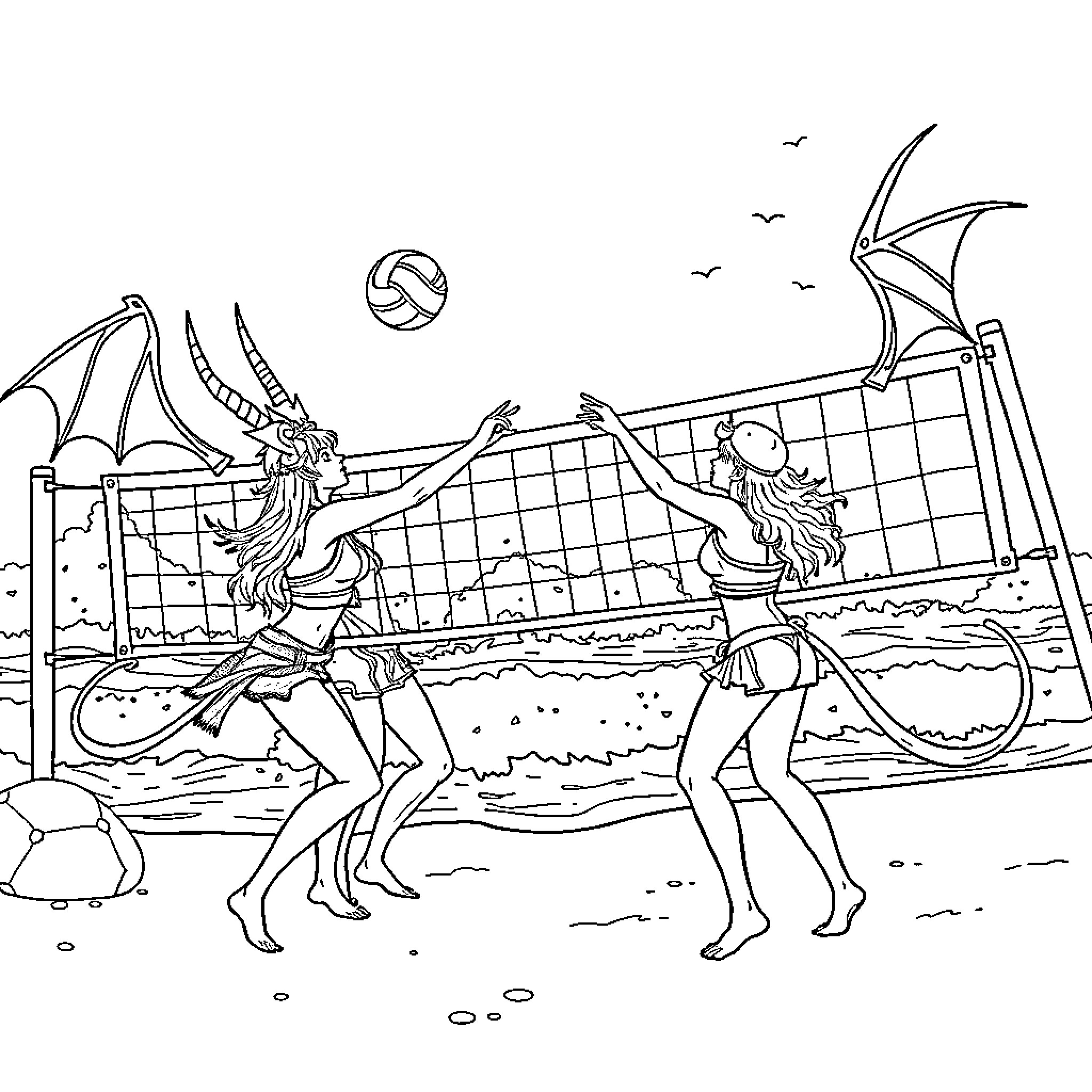Demon Hunters playing volleyball on the beach Coloring Page (free black-and-white line drawing printable PDF for all, from beginners to advanced learners, including children, teens, adults, and seniors)