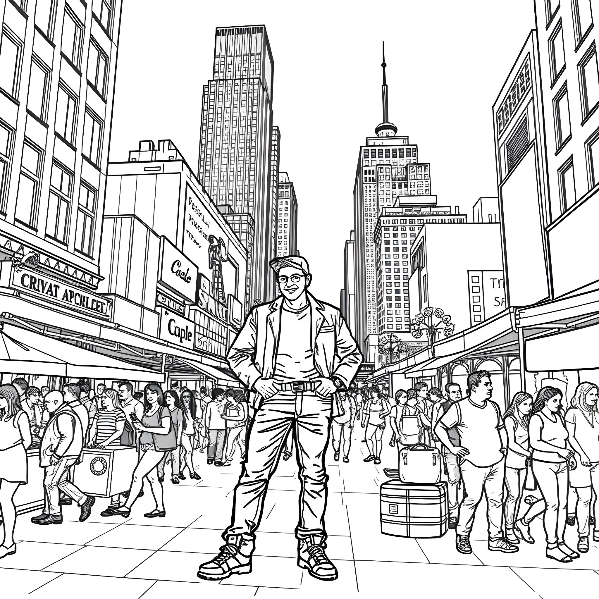 Joel Perez in the bustling city streets Coloring Page (free black-and-white line drawing printable PDF for all, from beginners to advanced learners, including children, teens, adults, and seniors)