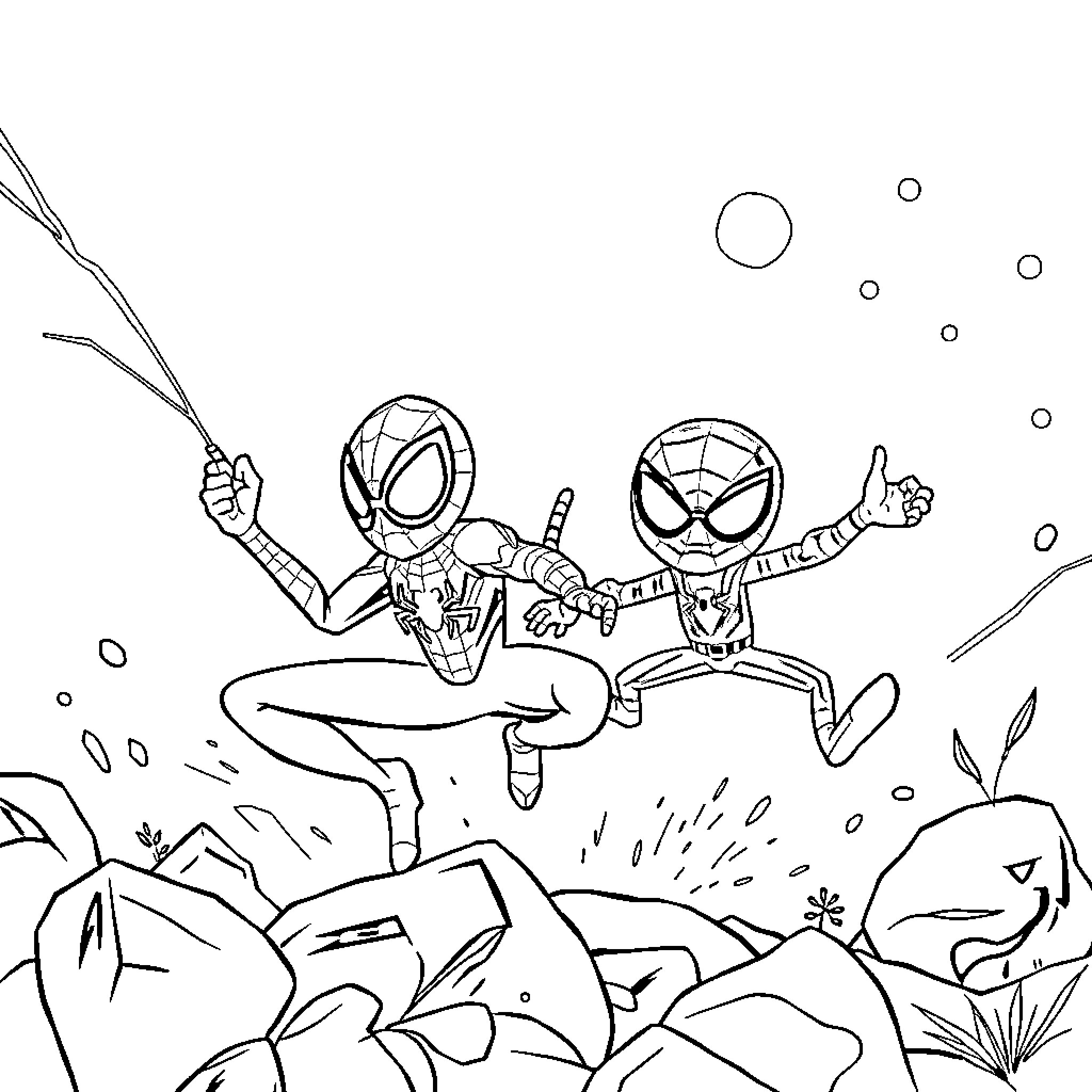 Spidy characters in action-packed adventure Coloring Page (free black-and-white line drawing printable PDF for all, from beginners to advanced learners, including children, teens, adults, and seniors)