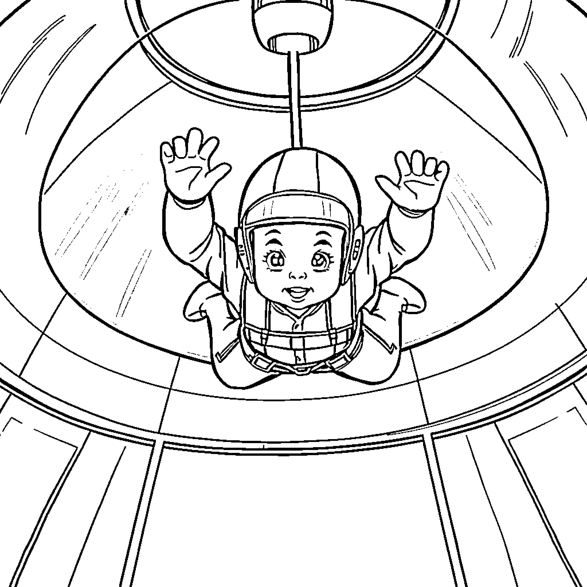 Infant in a space capsule waving excitedly Coloring Page (free black-and-white line drawing printable PDF for all, from beginners to advanced learners, including children, teens, adults, and seniors)