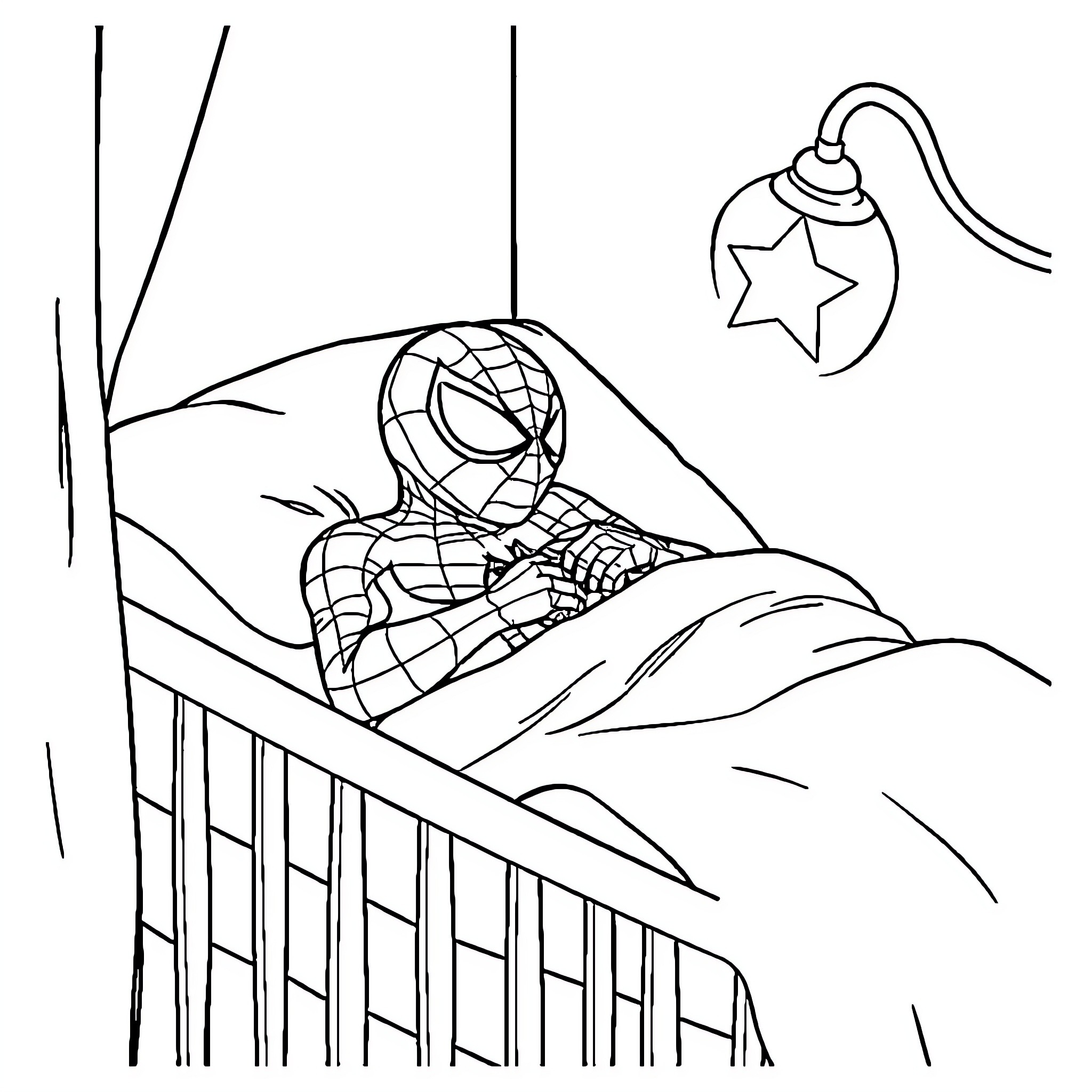 Spider-Man sleeping soundly in his bed Coloring Page (free black-and-white line drawing printable PDF for all, from beginners to advanced learners, including children, teens, adults, and seniors)