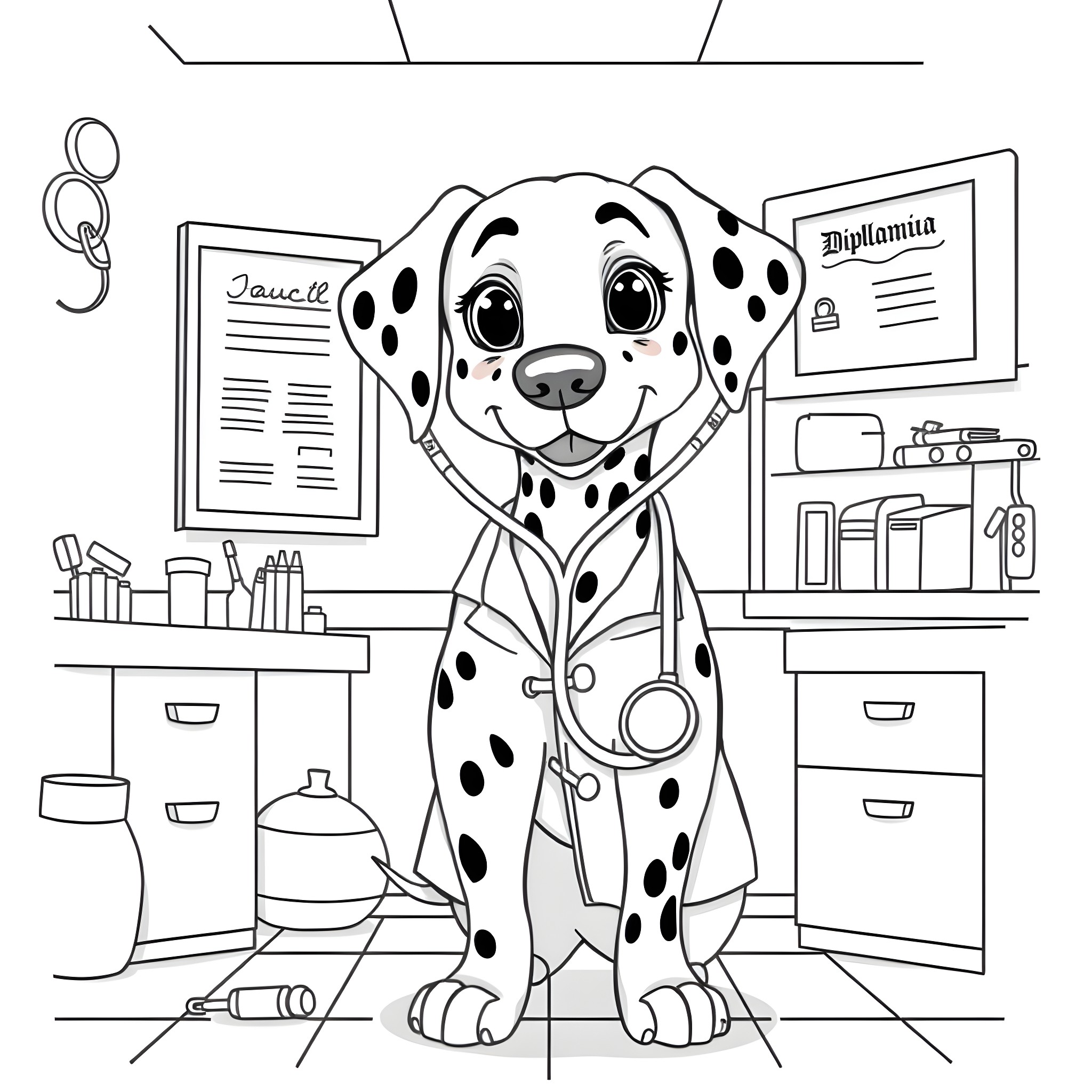 Dalmatian graduate receiving diploma in classroom Coloring Page (free black-and-white line drawing printable PDF for all, from beginners to advanced learners, including children, teens, adults, and seniors)
