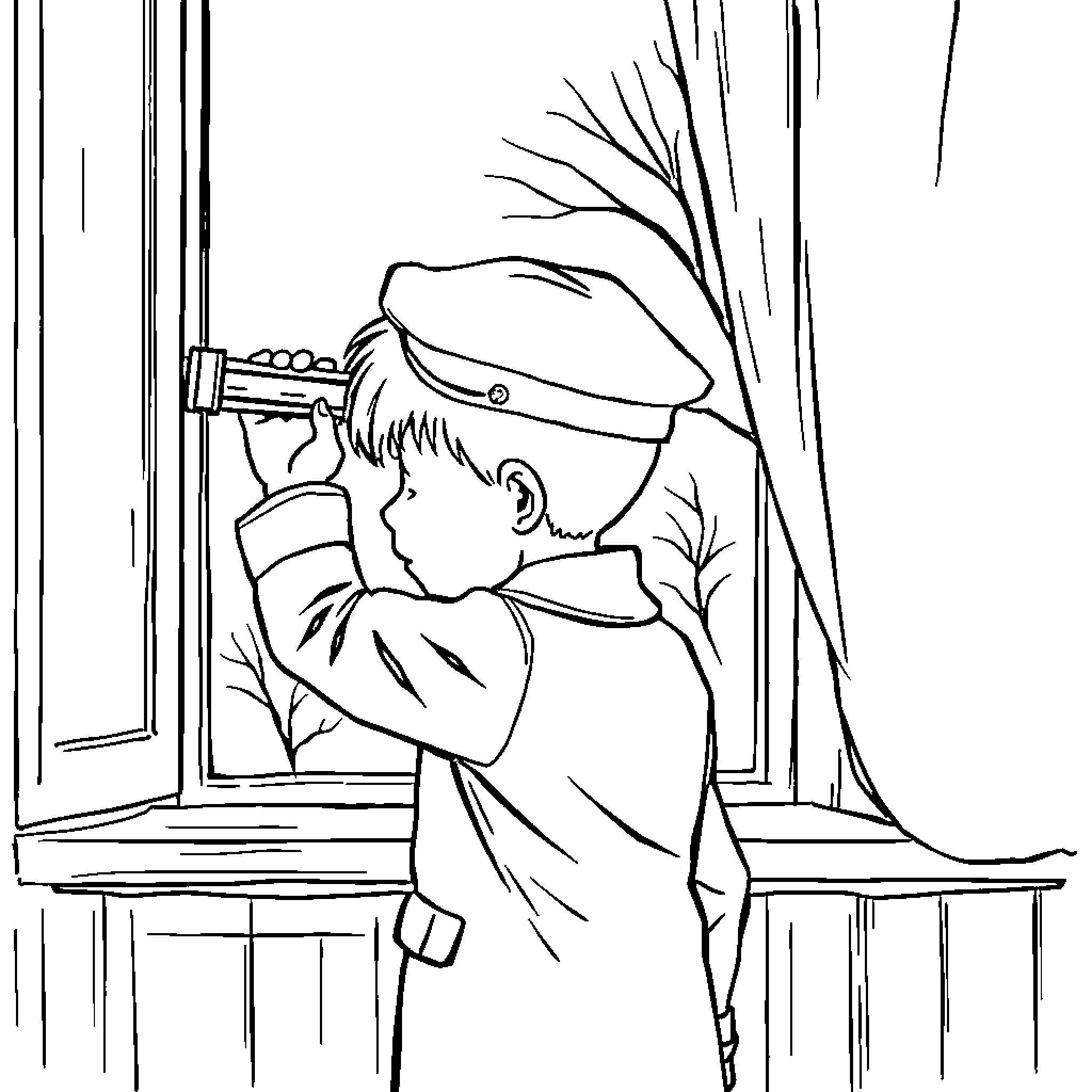 Schoolboy looking out the window Coloring Page (free black-and-white line drawing printable PDF for all, from beginners to advanced learners, including children, teens, adults, and seniors)