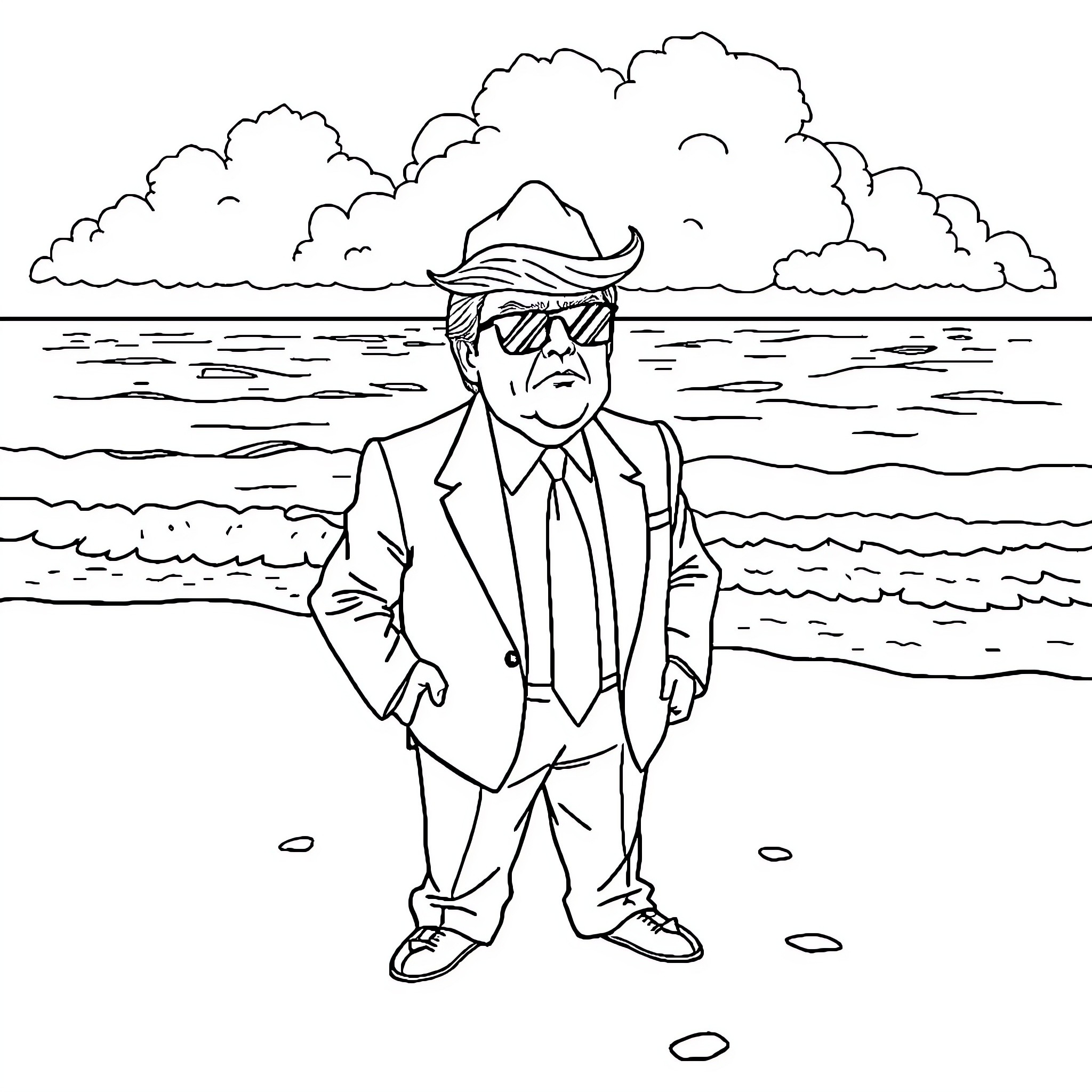 Donald Trump standing on the beach in suit and sunglasses Coloring Page (free black-and-white line drawing printable PDF for all, from beginners to advanced learners, including children, teens, adults, and seniors)
