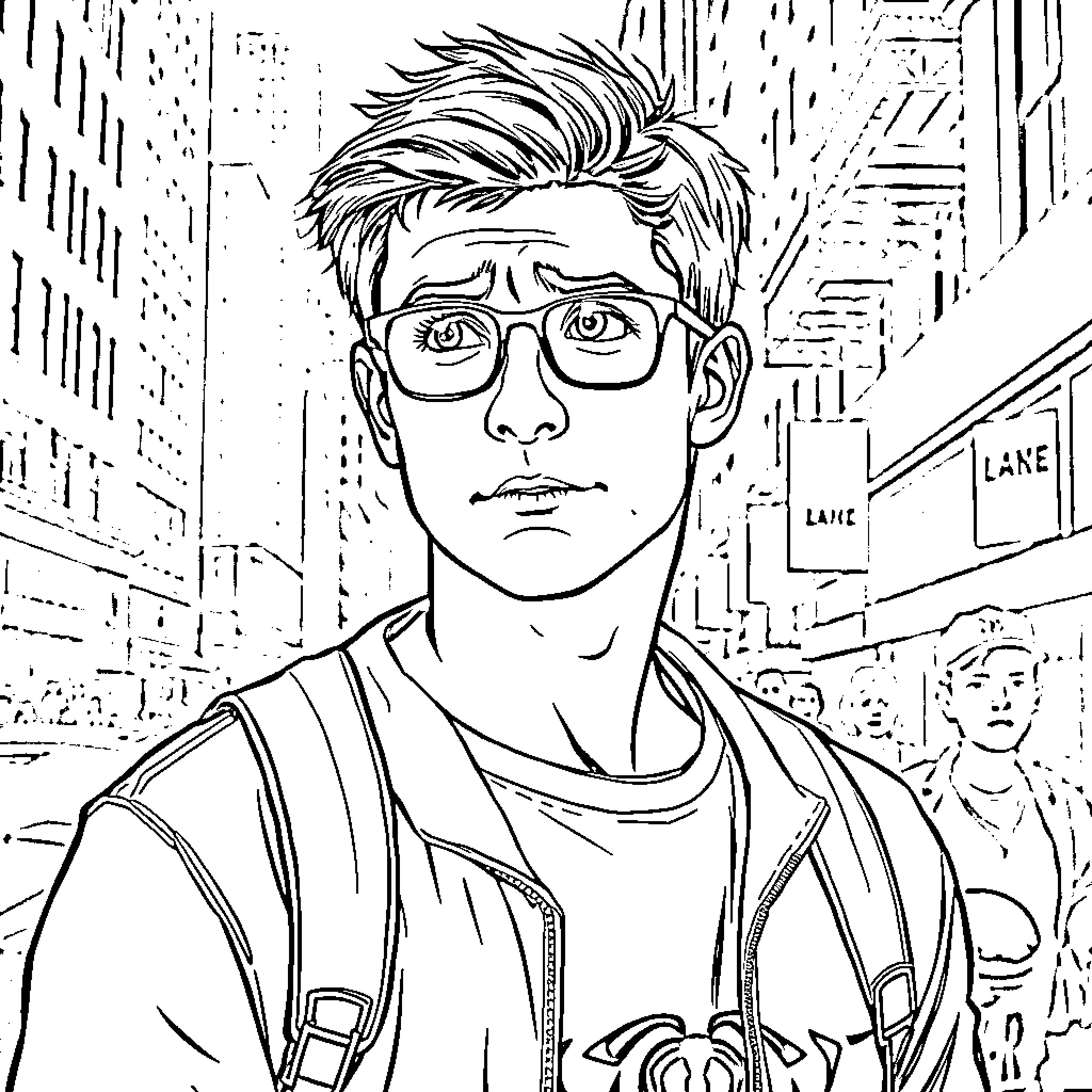 Peter Parker navigating the city streets with determination Coloring Page (free black-and-white line drawing printable PDF for all, from beginners to advanced learners, including children, teens, adults, and seniors)