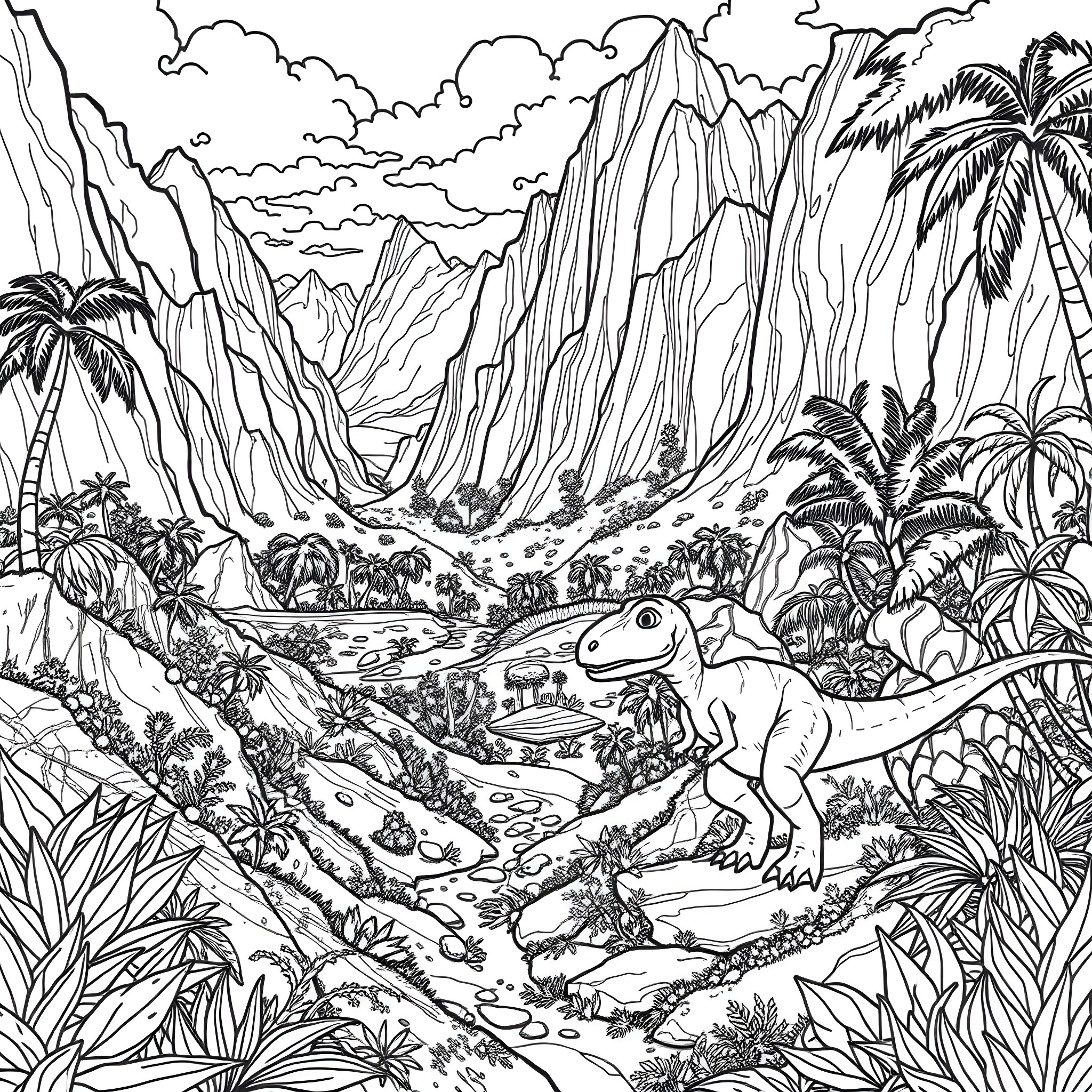 Land Before Time: Prehistoric Creatures in Lush Jungle Landscape Coloring Page (free black-and-white line drawing printable PDF for all, from beginners to advanced learners, including children, teens, adults, and seniors)