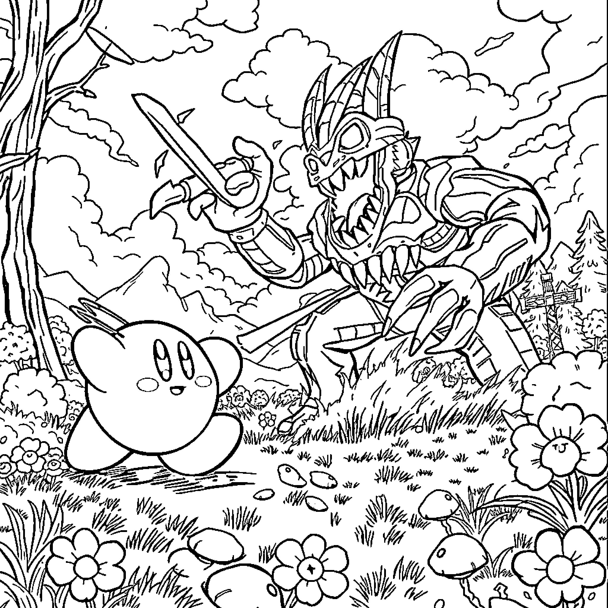 Kirby facing a fearsome foe in a forest scene Coloring Page (free black-and-white line drawing printable PDF for all, from beginners to advanced learners, including children, teens, adults, and seniors)
