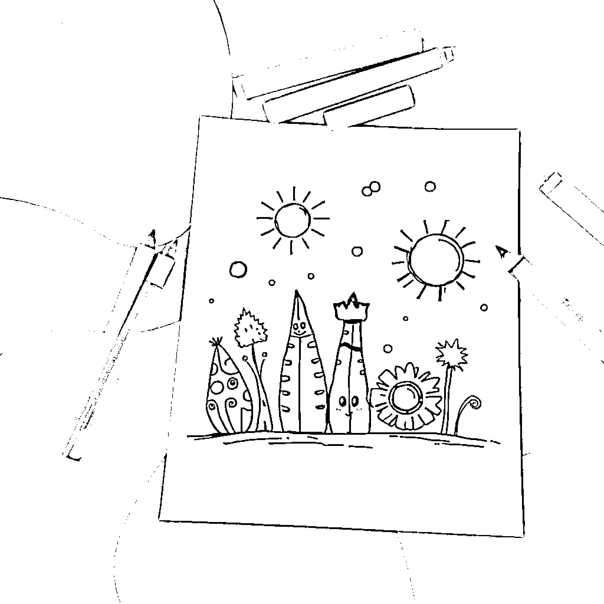 Paper Drawing of Whimsical Landscape Coloring Page (free black-and-white line drawing printable PDF for all, from beginners to advanced learners, including children, teens, adults, and seniors)