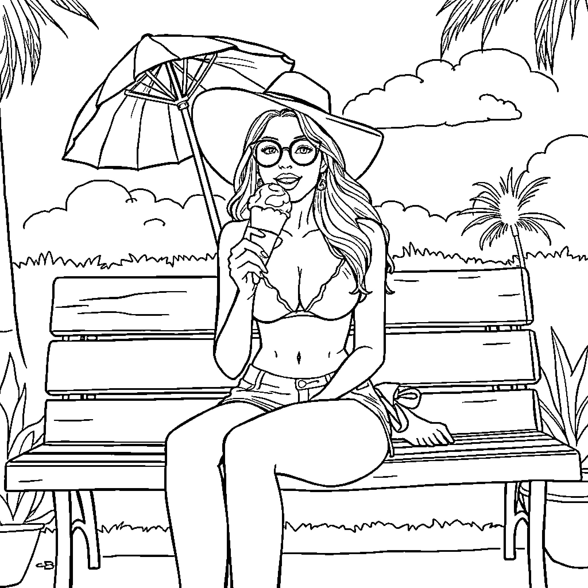 Lady enjoying an icy treat on the beach Coloring Page (free black-and-white line drawing printable PDF for all, from beginners to advanced learners, including children, teens, adults, and seniors)