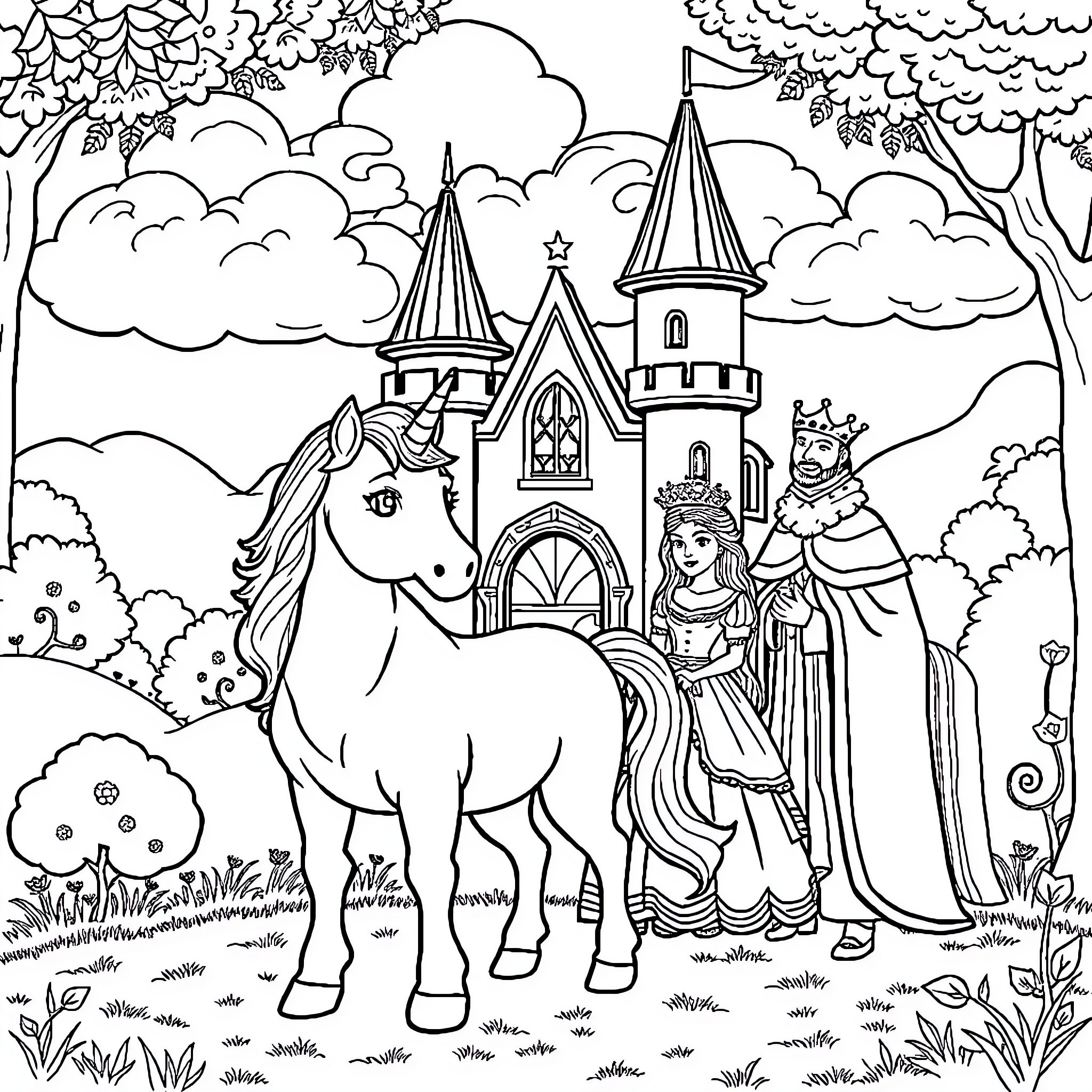 Unicorn standing beside medieval castle and princess Coloring Page (free black-and-white line drawing printable PDF for all, from beginners to advanced learners, including children, teens, adults, and seniors)