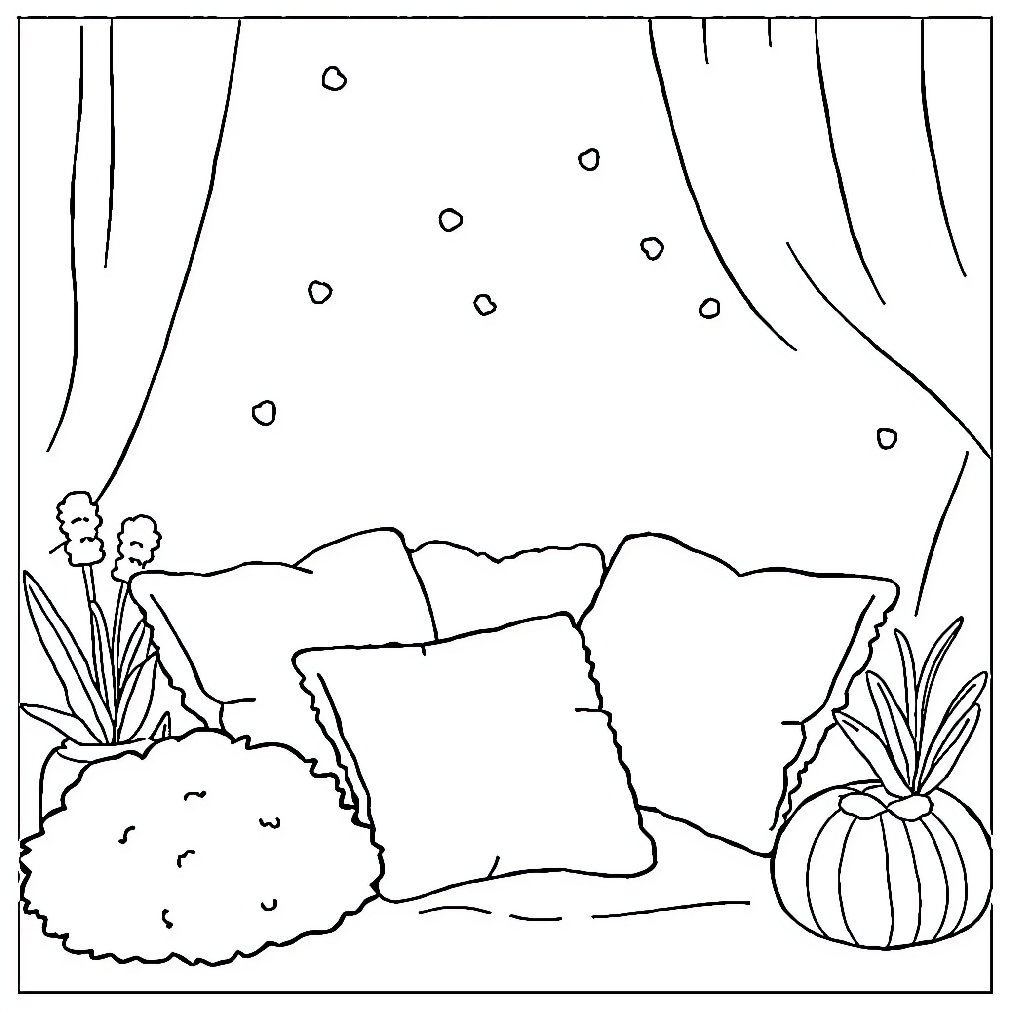 Girl resting on cozy bedroom scene Coloring Page (free black-and-white line drawing printable PDF for all, from beginners to advanced learners, including children, teens, adults, and seniors)