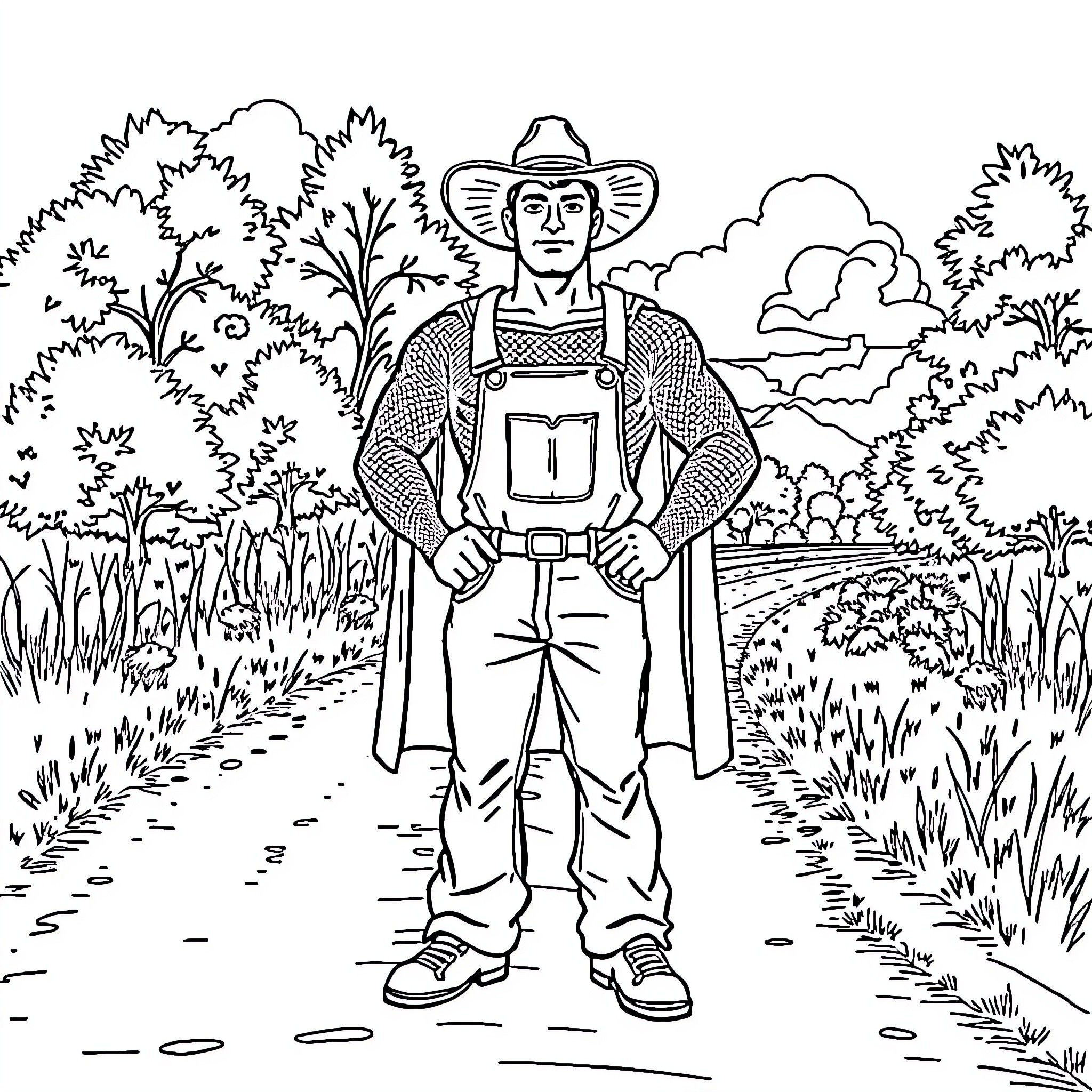Superman farmer tending to his land in the countryside Coloring Page (free black-and-white line drawing printable PDF for all, from beginners to advanced learners, including children, teens, adults, and seniors)