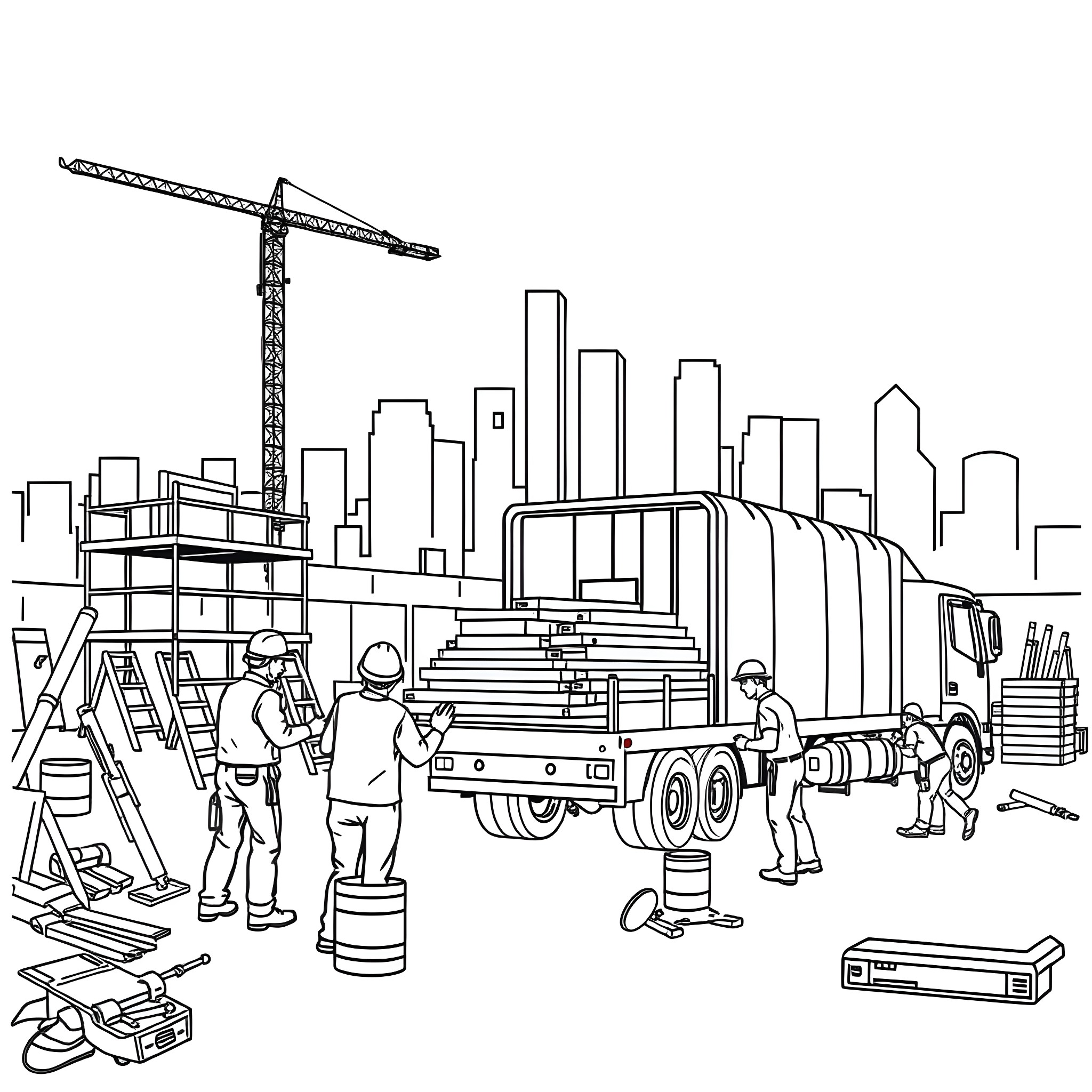 Pickup of construction materials at the site Coloring Page (free black-and-white line drawing printable PDF for all, from beginners to advanced learners, including children, teens, adults, and seniors)