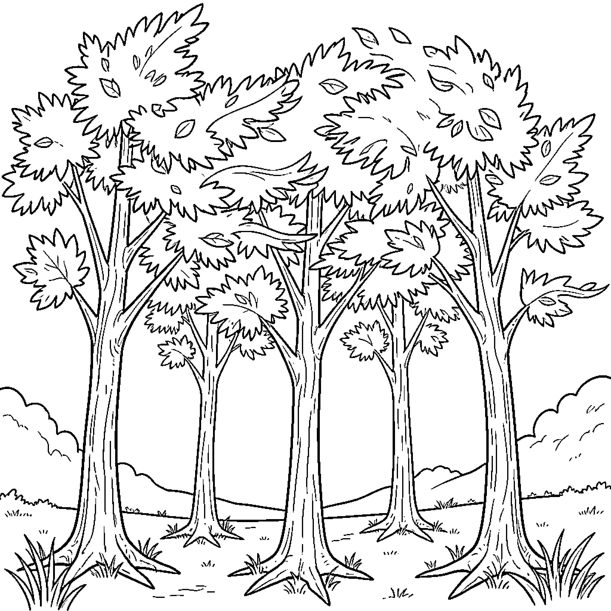 Tree forest with dancing leaves Coloring Page (free black-and-white line drawing printable PDF for all, from beginners to advanced learners, including children, teens, adults, and seniors)
