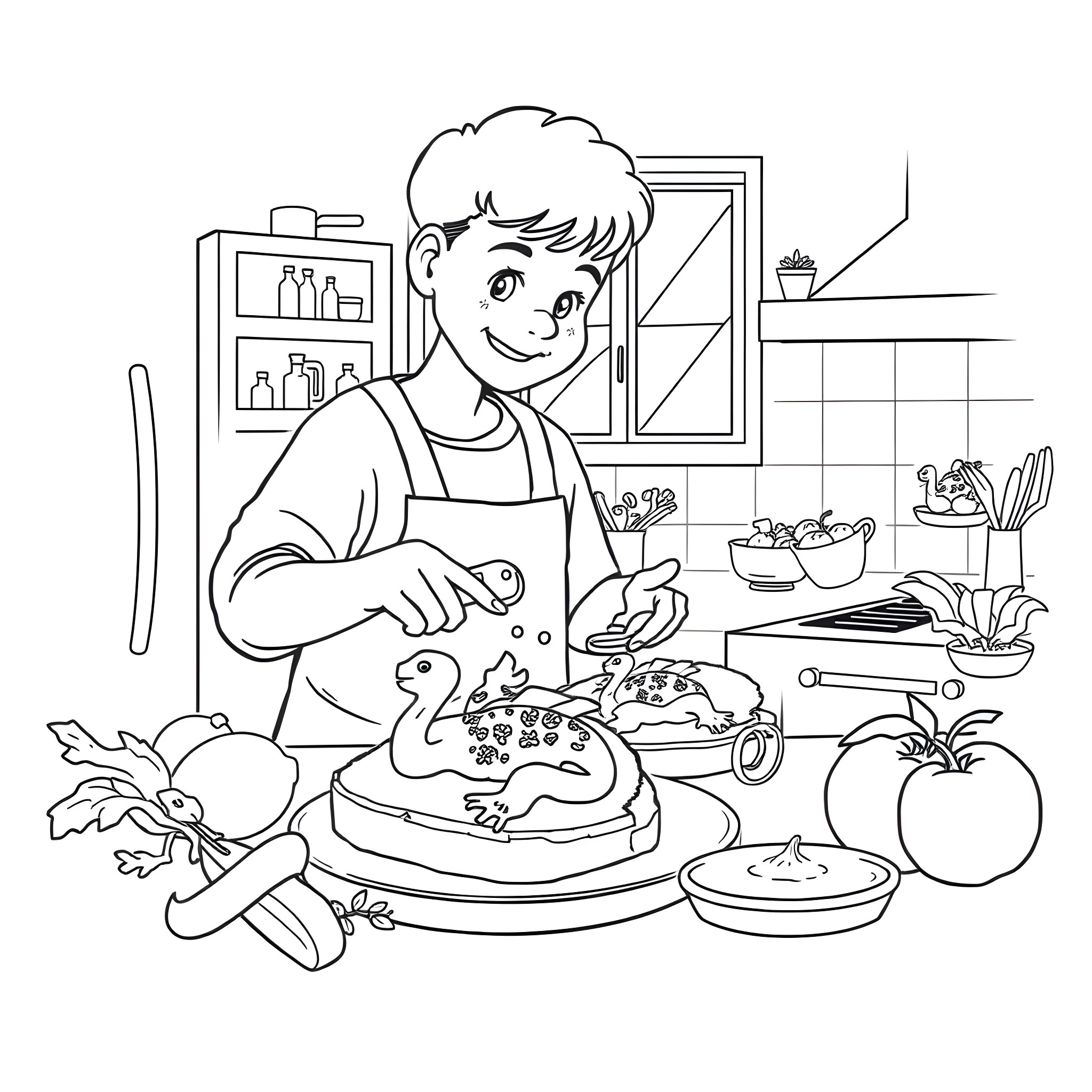 Person cooking a meal in the kitchen Coloring Page (free black-and-white line drawing printable PDF for all, from beginners to advanced learners, including children, teens, adults, and seniors)