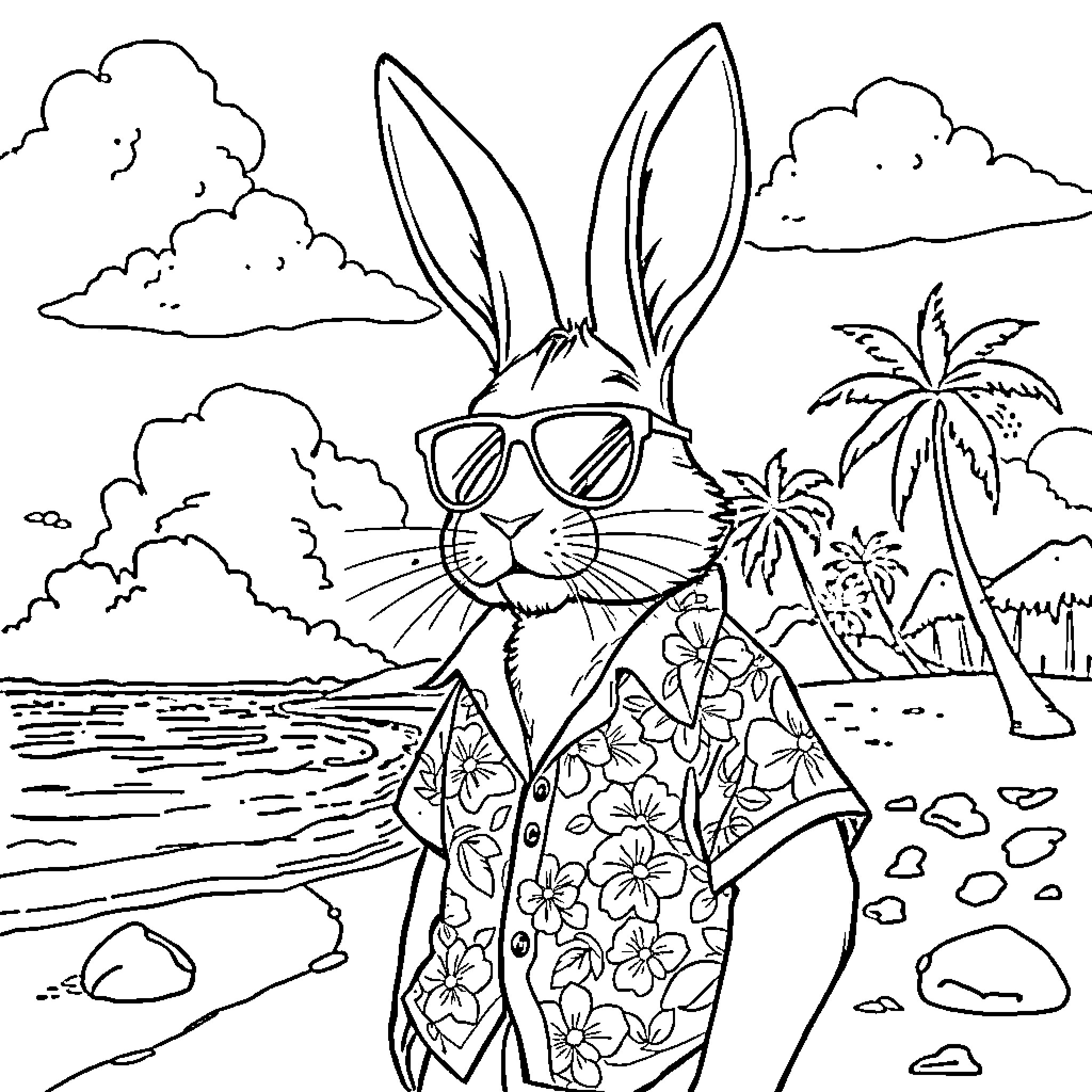Rabbit in tropical vacation attire Coloring Page (free black-and-white line drawing printable PDF for all, from beginners to advanced learners, including children, teens, adults, and seniors)