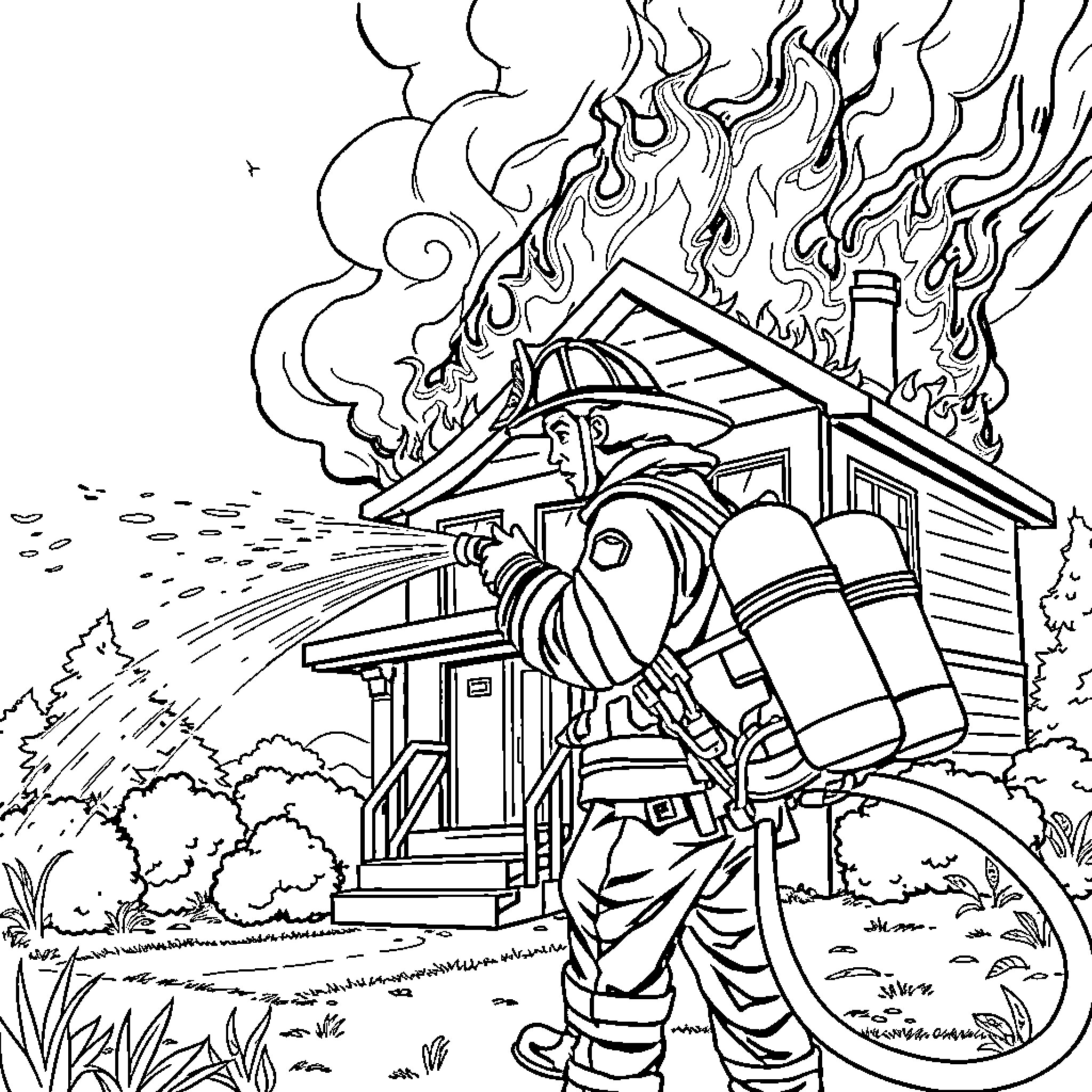 Firefighter tackling a blazing house fire Coloring Page (free black-and-white line drawing printable PDF for all, from beginners to advanced learners, including children, teens, adults, and seniors)