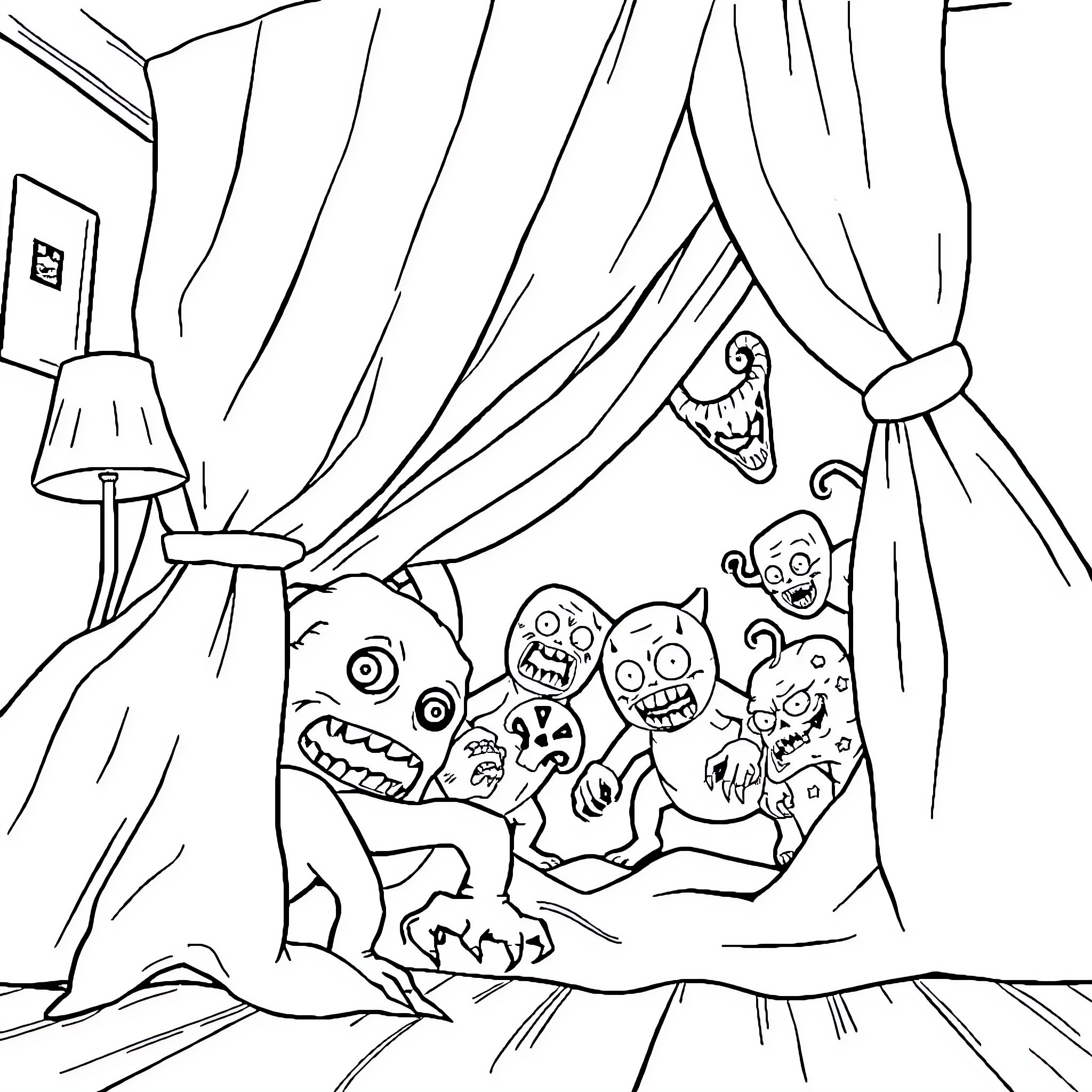 Monster Mischief Behind Curtain Coloring Page (free black-and-white line drawing printable PDF for all, from beginners to advanced learners, including children, teens, adults, and seniors)
