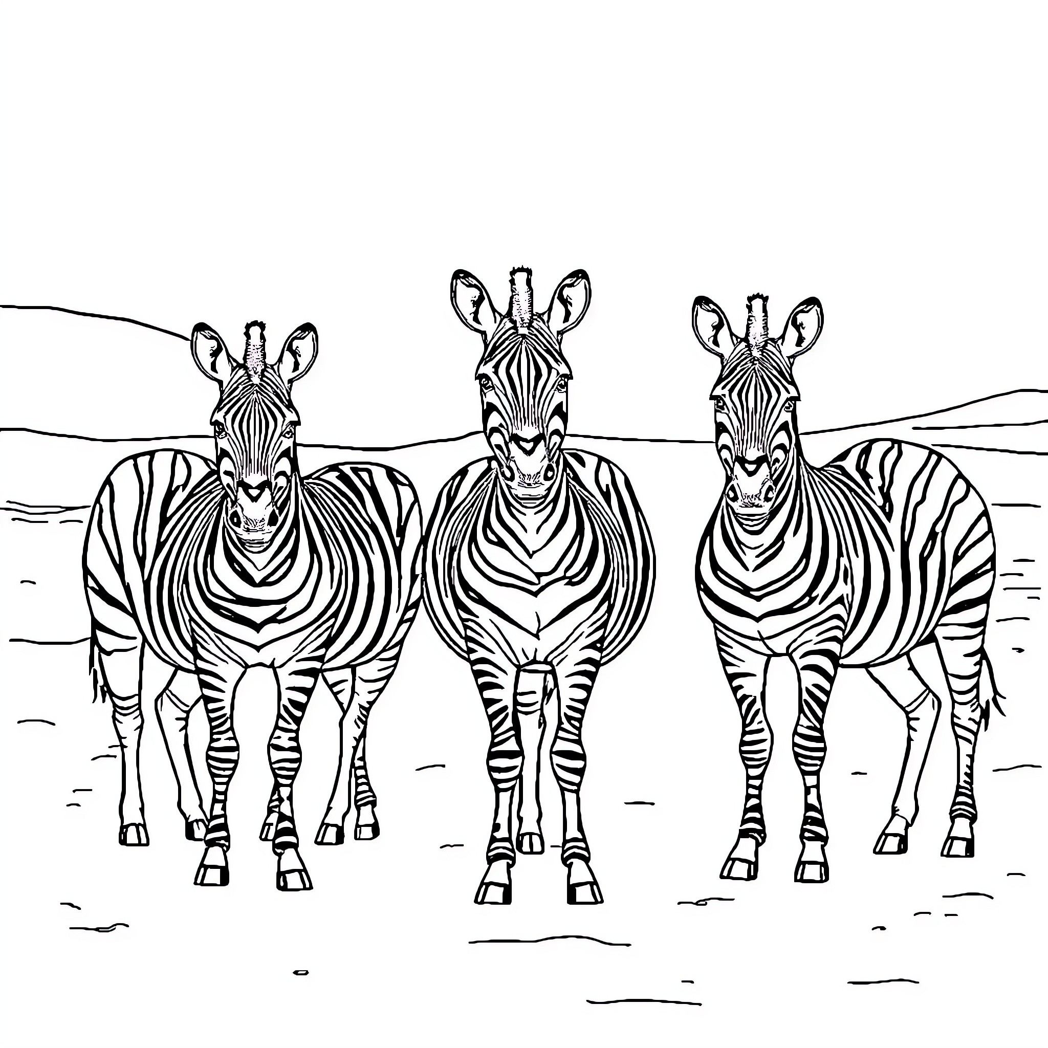 Zebra herd standing together in nature Coloring Page (free black-and-white line drawing printable PDF for all, from beginners to advanced learners, including children, teens, adults, and seniors)