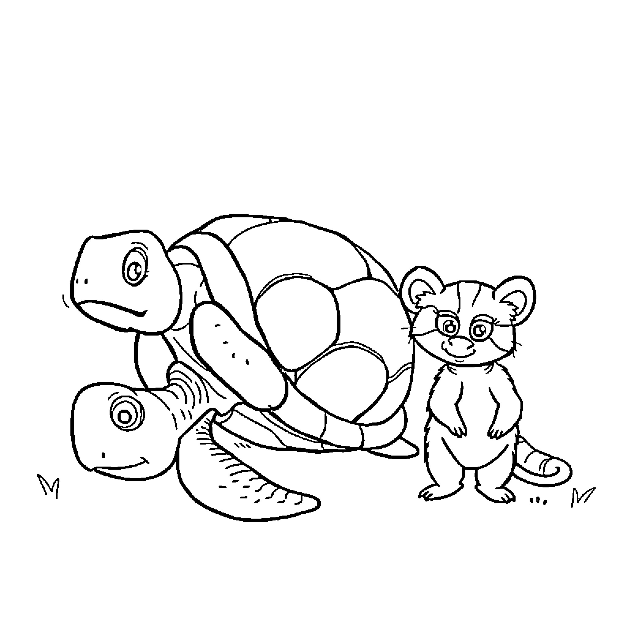 Turtle and friends going on an adventure Coloring Page (free black-and-white line drawing printable PDF for all, from beginners to advanced learners, including children, teens, adults, and seniors)