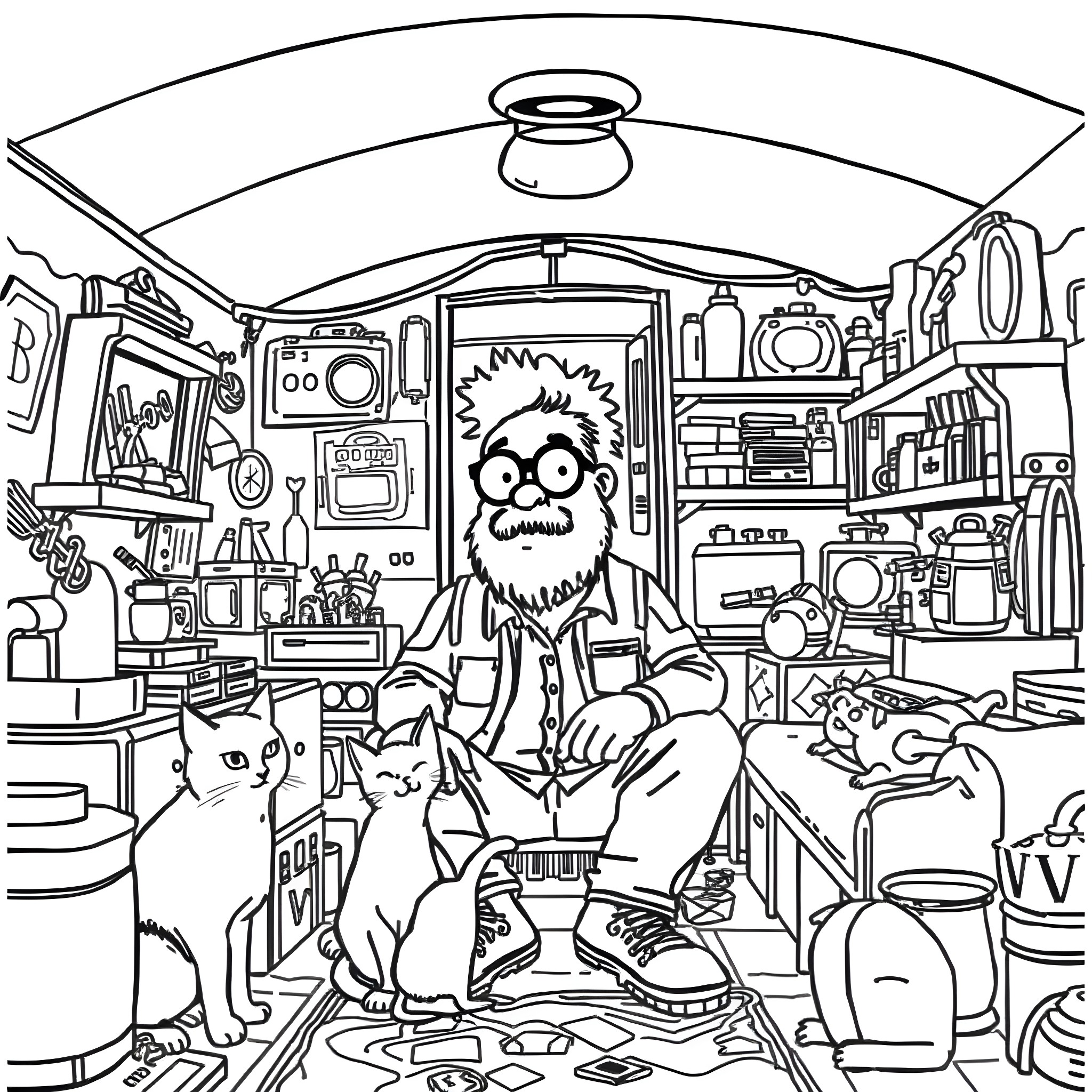 Bubbles in a cluttered and cozy hideaway Coloring Page (free black-and-white line drawing printable PDF for all, from beginners to advanced learners, including children, teens, adults, and seniors)