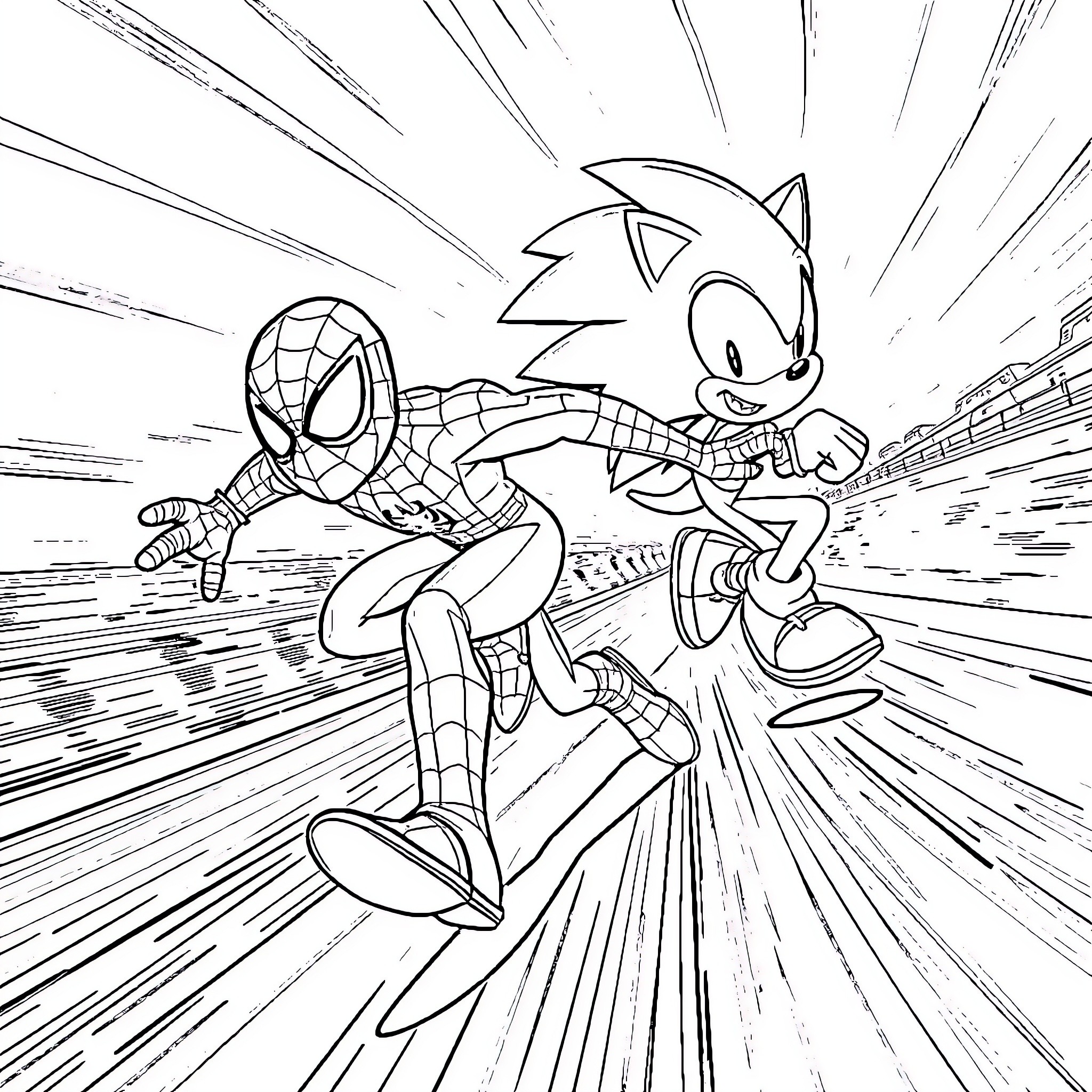 Spiderman and Sonic the Hedgehog in action-packed pursuit Coloring Page (free black-and-white line drawing printable PDF for all, from beginners to advanced learners, including children, teens, adults, and seniors)
