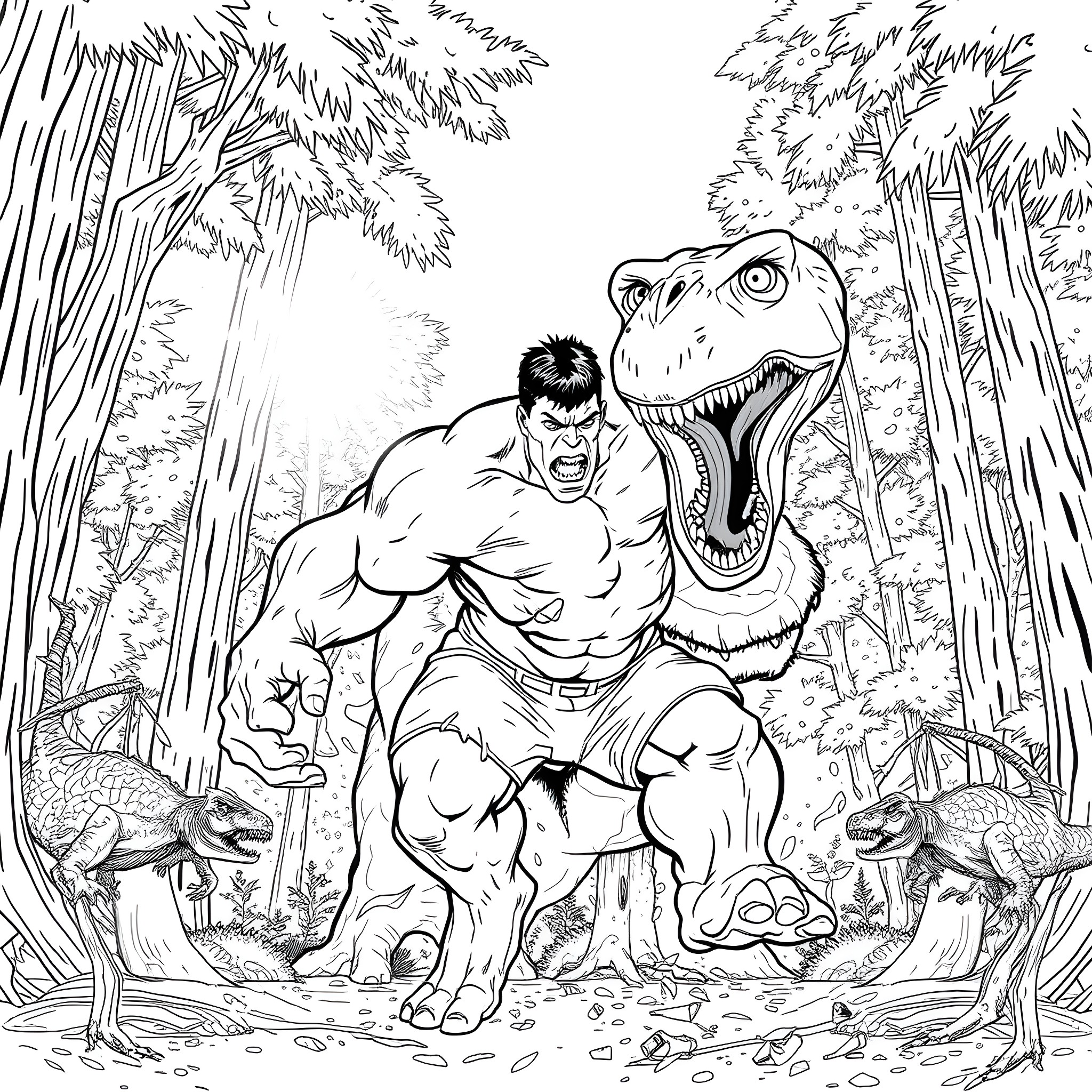 Hulk confronting a ferocious dinosaur in the wild Coloring Page (free black-and-white line drawing printable PDF for all, from beginners to advanced learners, including children, teens, adults, and seniors)
