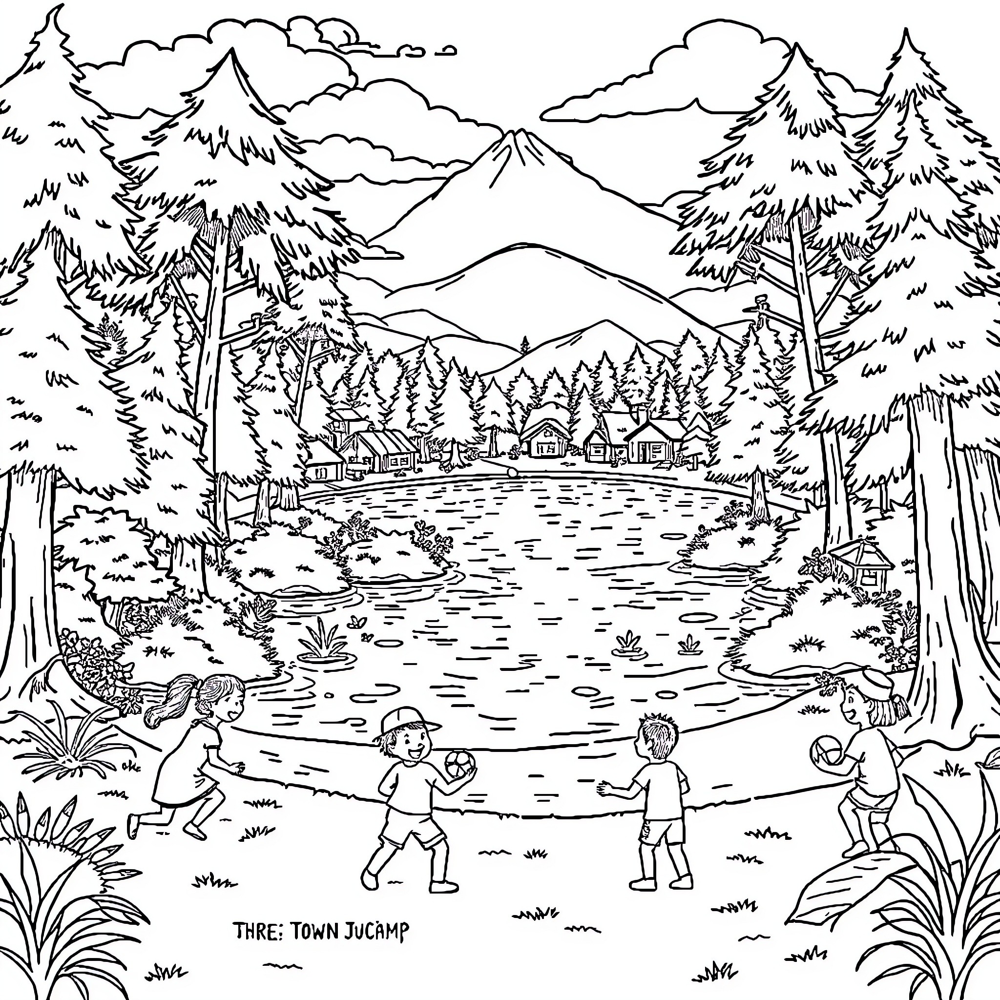 Town Scene with Children Playing in Nature Coloring Page (free black-and-white line drawing printable PDF for all, from beginners to advanced learners, including children, teens, adults, and seniors)