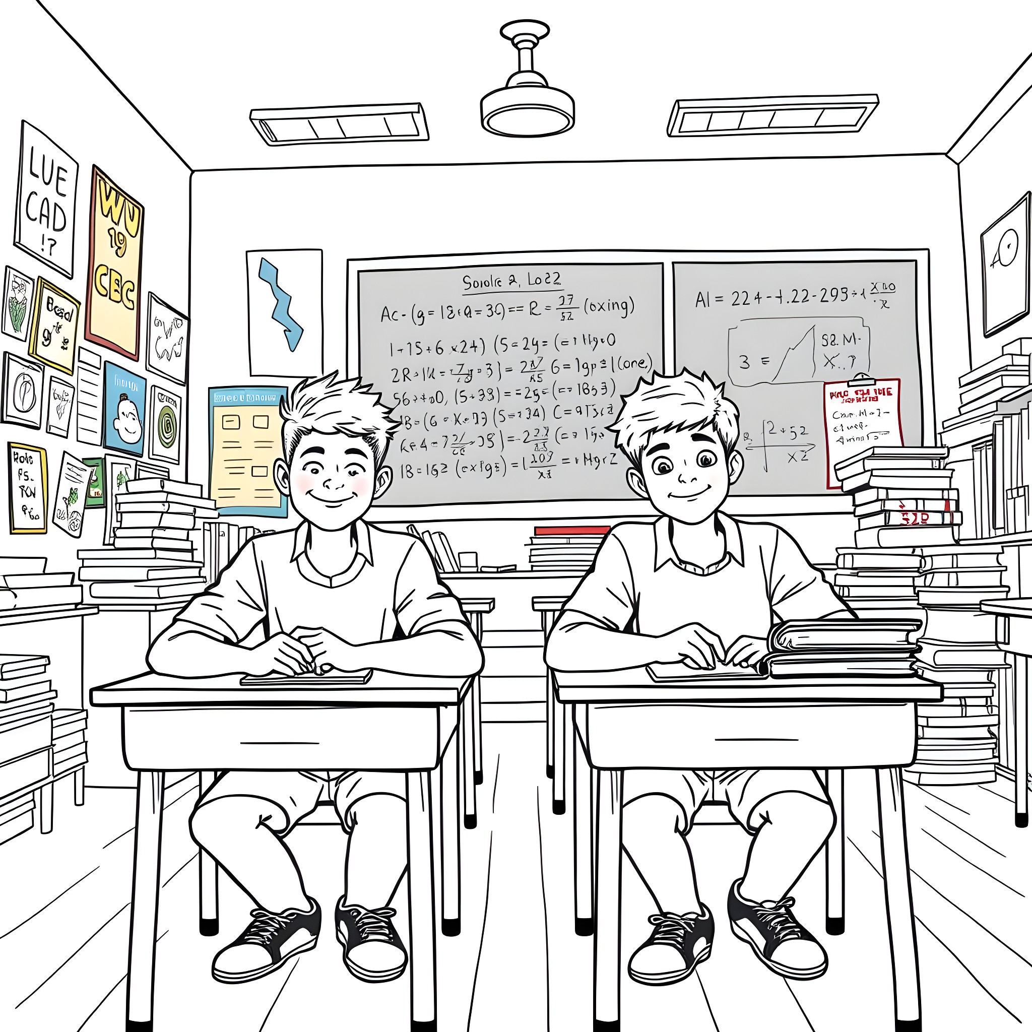 Teen Boys Studying in Classroom with Math Equations Coloring Page (free black-and-white line drawing printable PDF for all, from beginners to advanced learners, including children, teens, adults, and seniors)