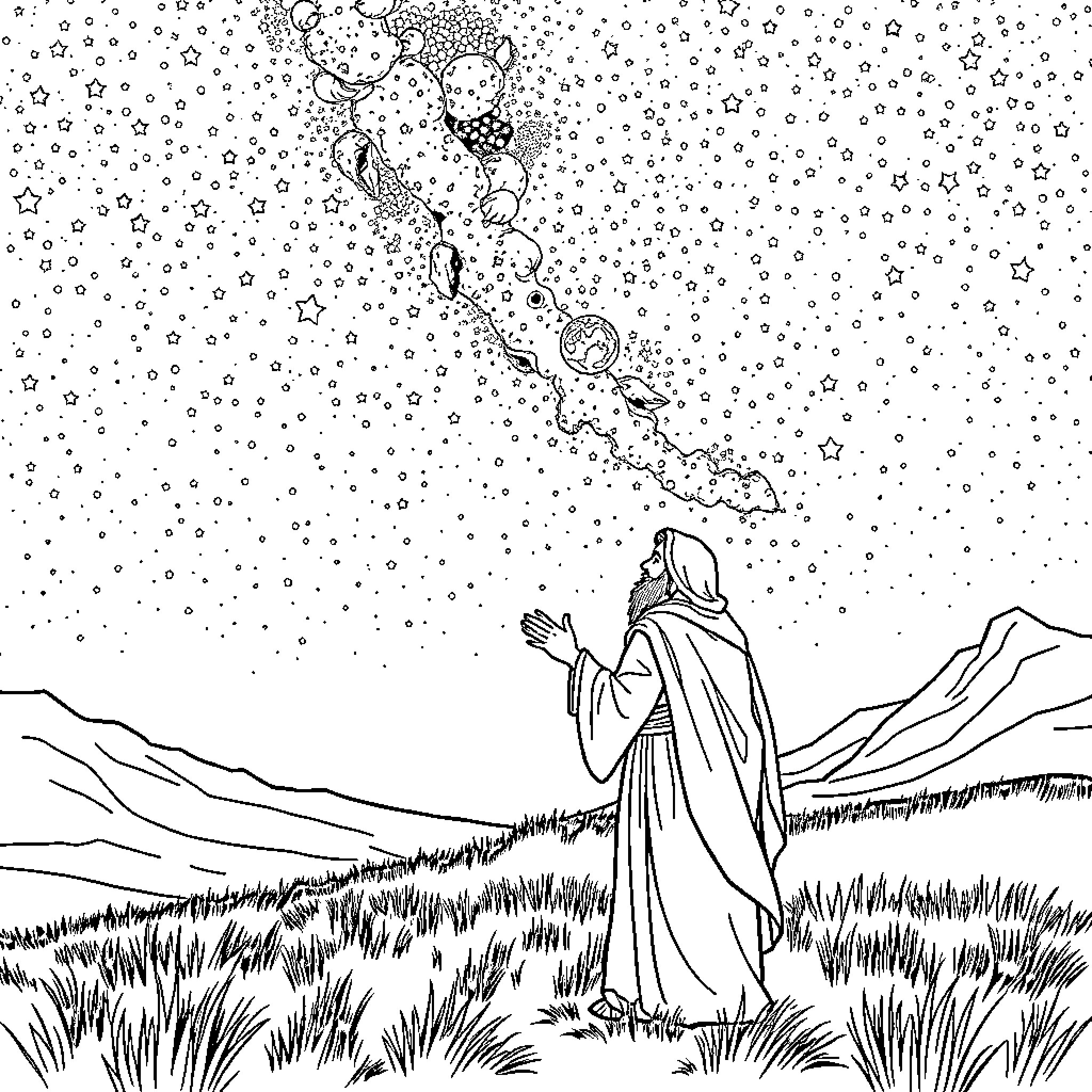 Abraham gazing at the wondrous night sky Coloring Page (free black-and-white line drawing printable PDF for all, from beginners to advanced learners, including children, teens, adults, and seniors)