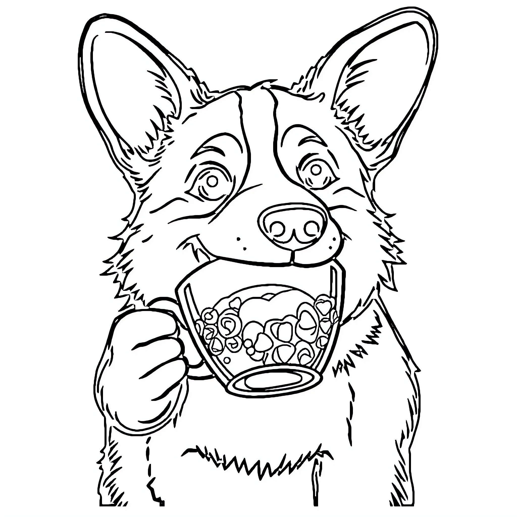 Corgi enjoying a cool refreshing drink Coloring Page (free black-and-white line drawing printable PDF for all, from beginners to advanced learners, including children, teens, adults, and seniors)