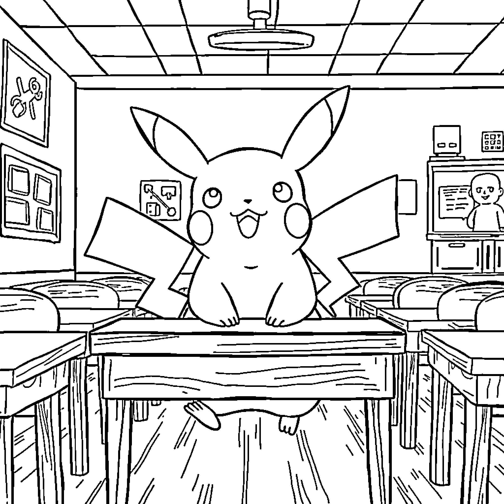 Pikachu sitting adorably in a classroom setting Coloring Page (free black-and-white line drawing printable PDF for all, from beginners to advanced learners, including children, teens, adults, and seniors)