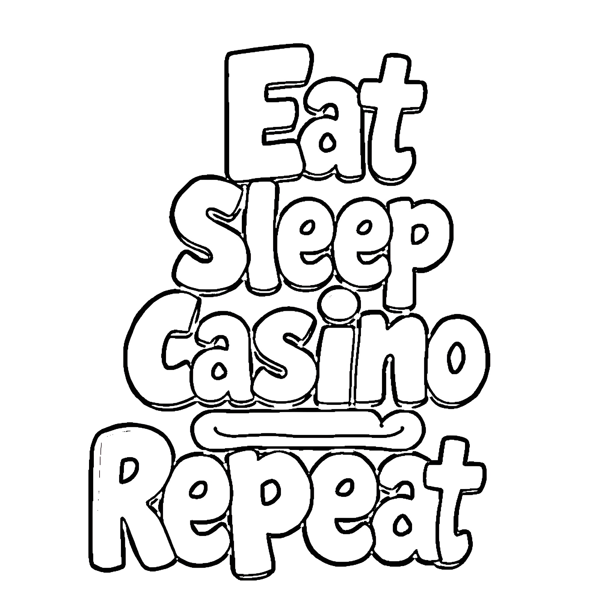 Text with stylized casino and eating words Coloring Page (free black-and-white line drawing printable PDF for all, from beginners to advanced learners, including children, teens, adults, and seniors)