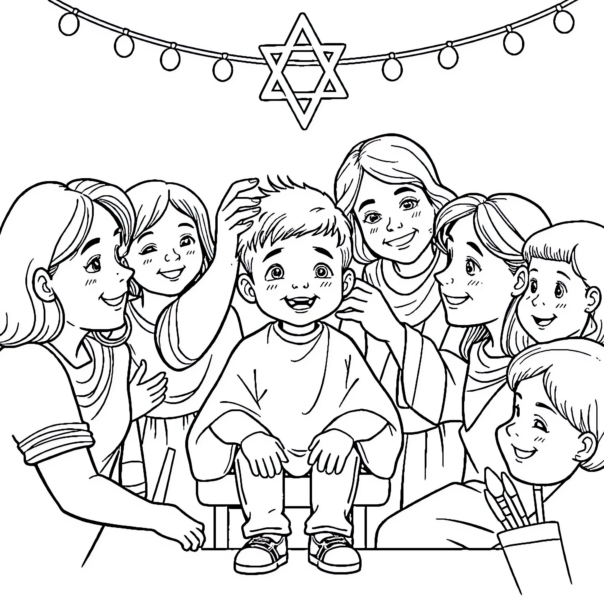 Upsherin celebration with family and friends Coloring Page (free black-and-white line drawing printable PDF for all, from beginners to advanced learners, including children, teens, adults, and seniors)