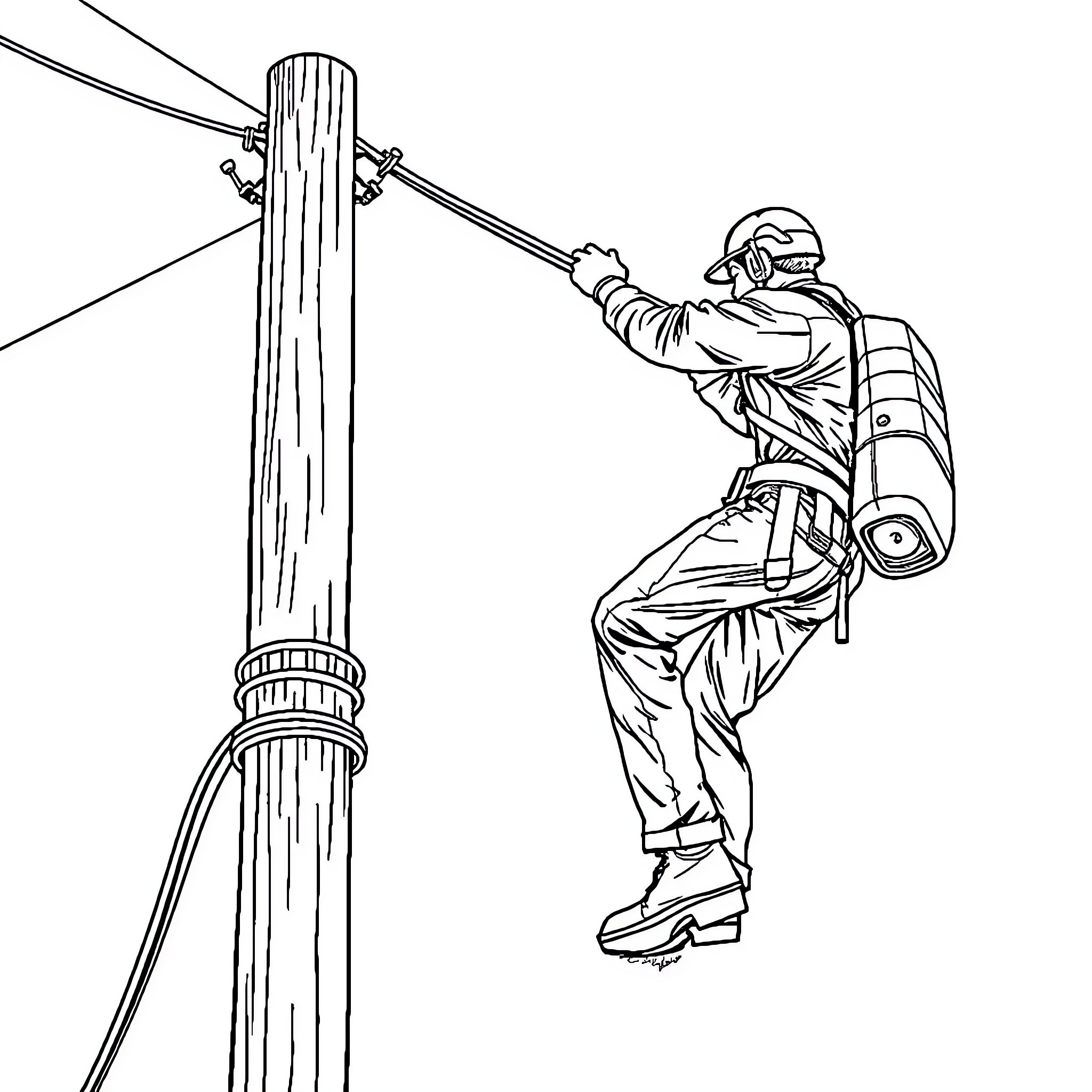 Lineman inspecting and repairing power lines Coloring Page (free black-and-white line drawing printable PDF for all, from beginners to advanced learners, including children, teens, adults, and seniors)